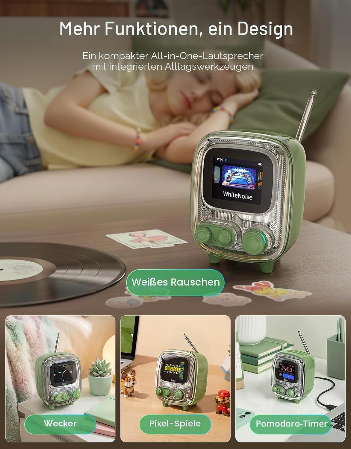 Detalle de Divoom Tiivoo-2: Tragbarer Bluetooth-Lautsprecher mit FM-Radio, Pixel Art und All-in-One-Assistent
