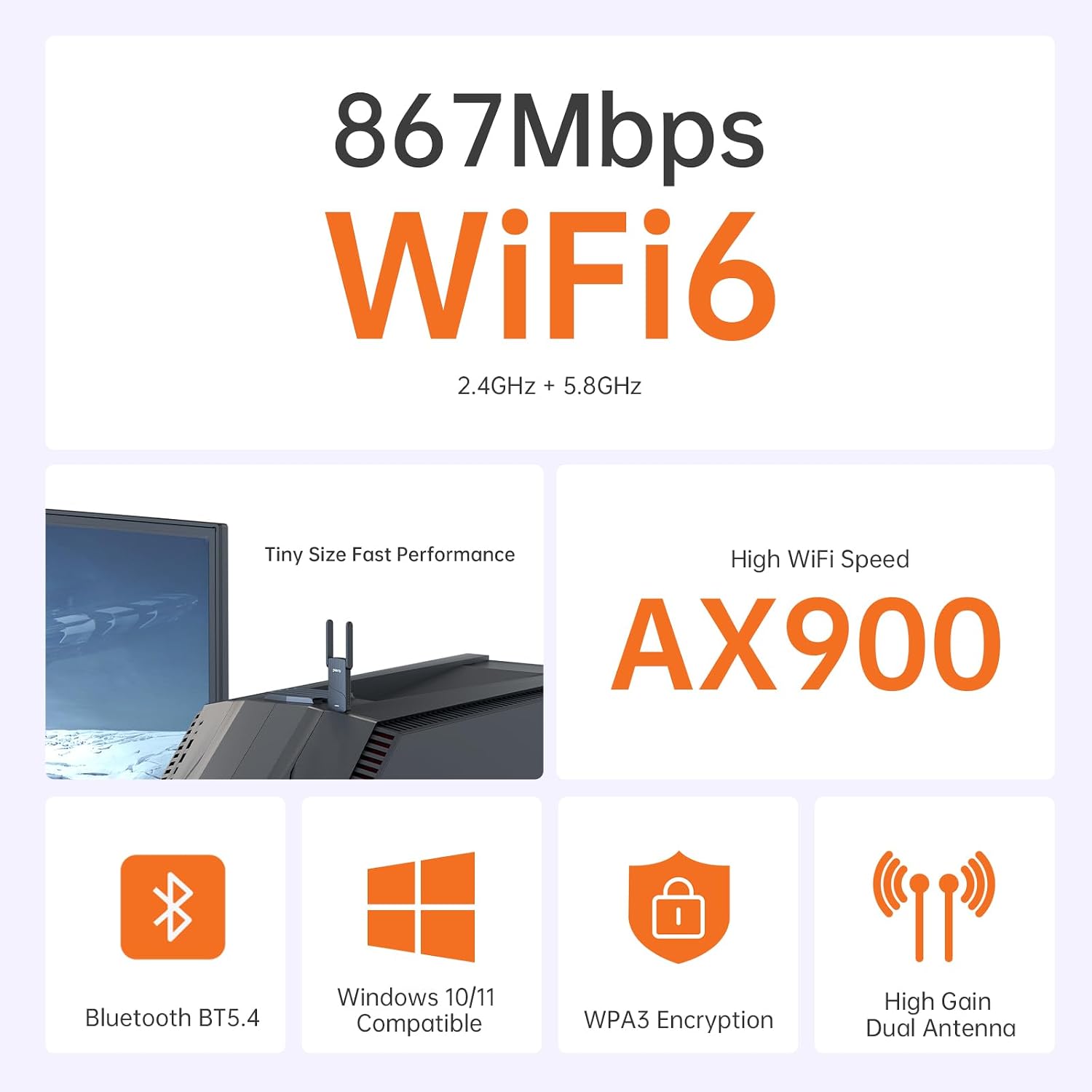Thumbnail 1 de PLERY AX900 WiFi 6 USB Dongle with Bluetooth for Windows 10/11