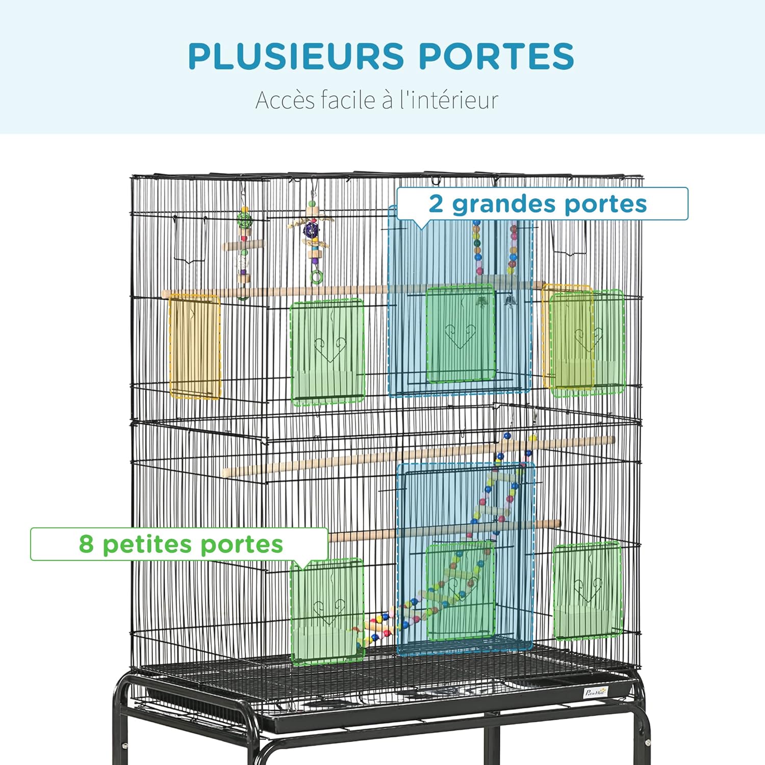 Detalle de PawHut Cage à Oiseaux avec Support à Roulettes – Volière Grande Taille 79x49x133 cm (Perruche/Canari), 10 Portes, Espacement 1 cm, Noir