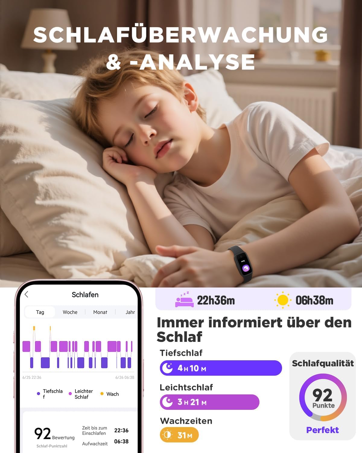 Detalle de BIGGERFIVE Vigor 3 Kinder Fitness Armband Uhr – AMOLED-Display, 3ATM, Schlaf- und Pulstracking
