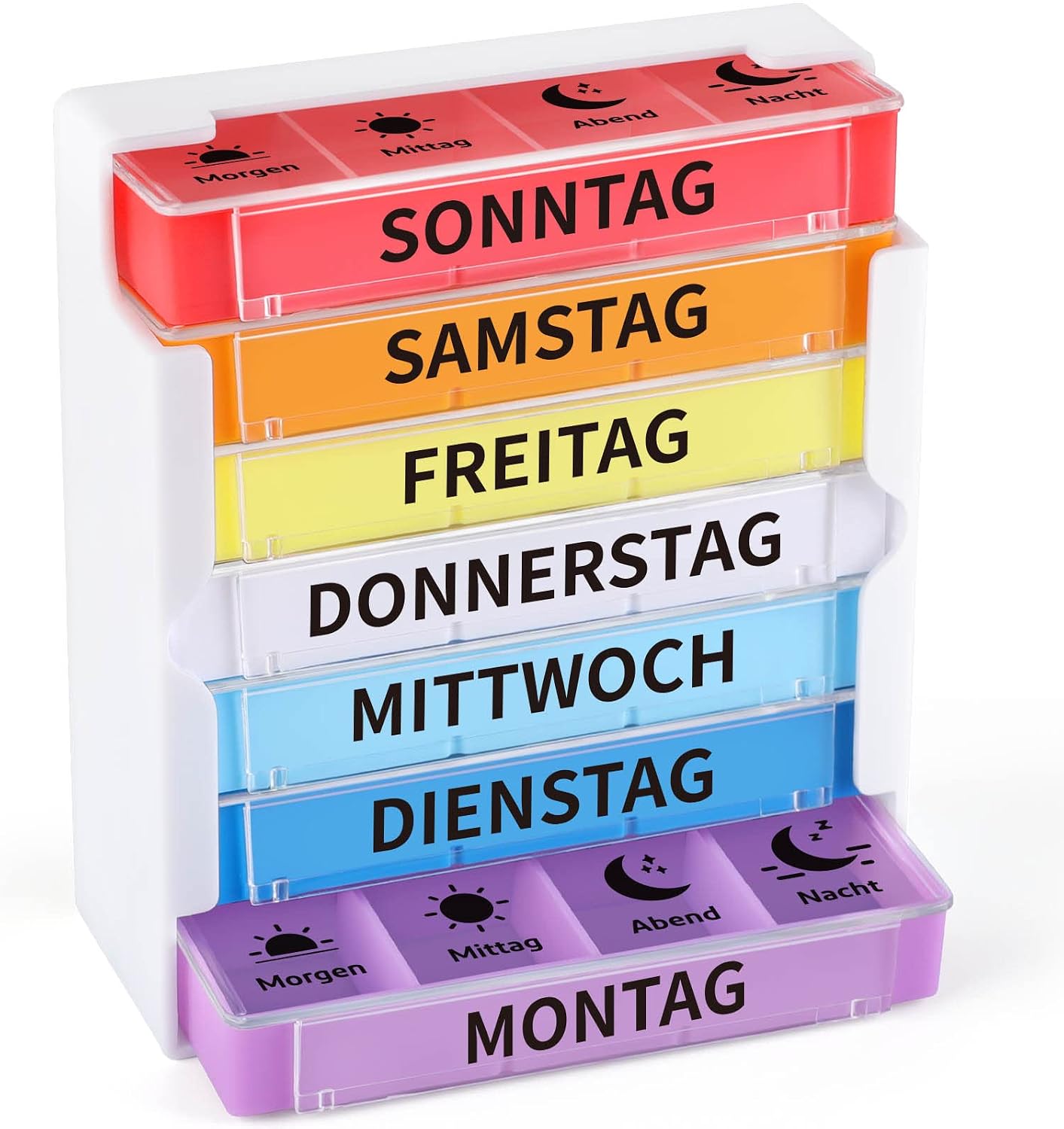 Detalle de Opret Tablettenbox für 7 Tage mit 4 Fächern (Morgens, Mittags, Abends, Nachts) – schiebbar & BPA-frei