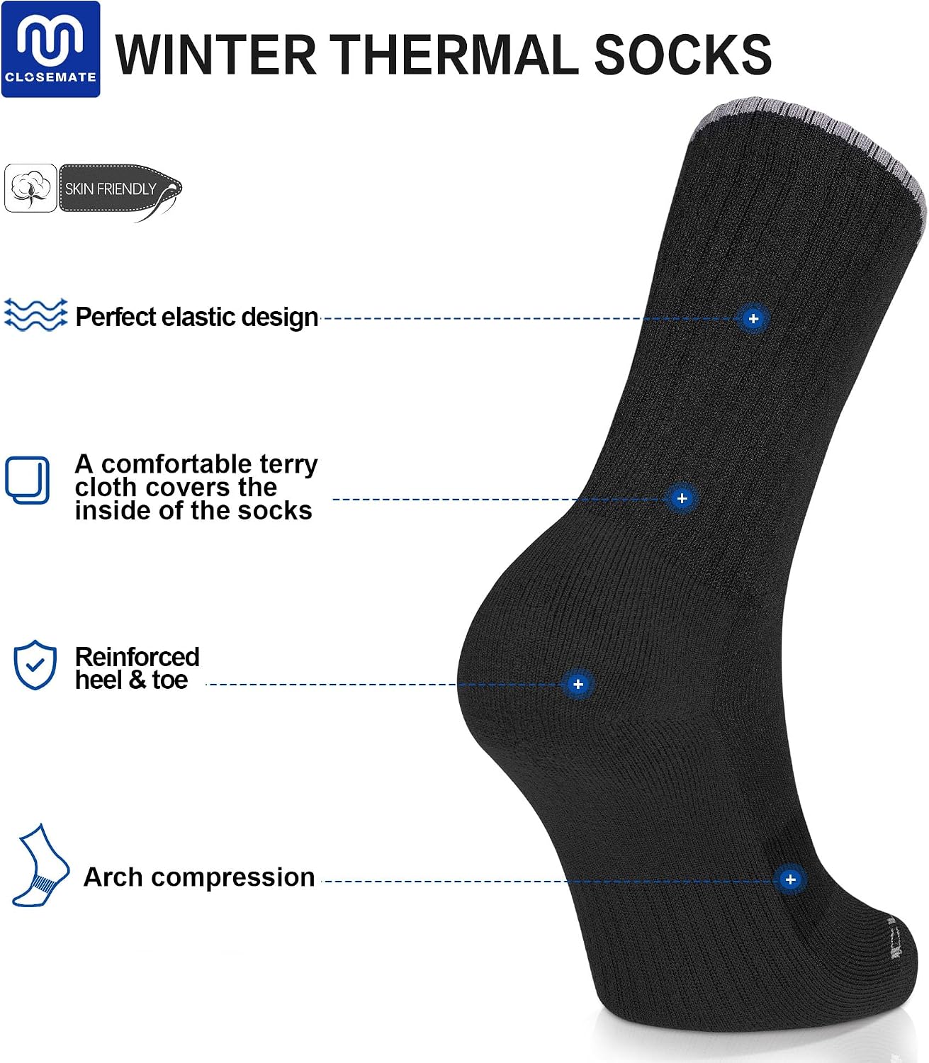 Detalle 2 de CLOSEMATE Thermal Winter Crew Socks, 5-Pair Pack, Cushioned and Breathable