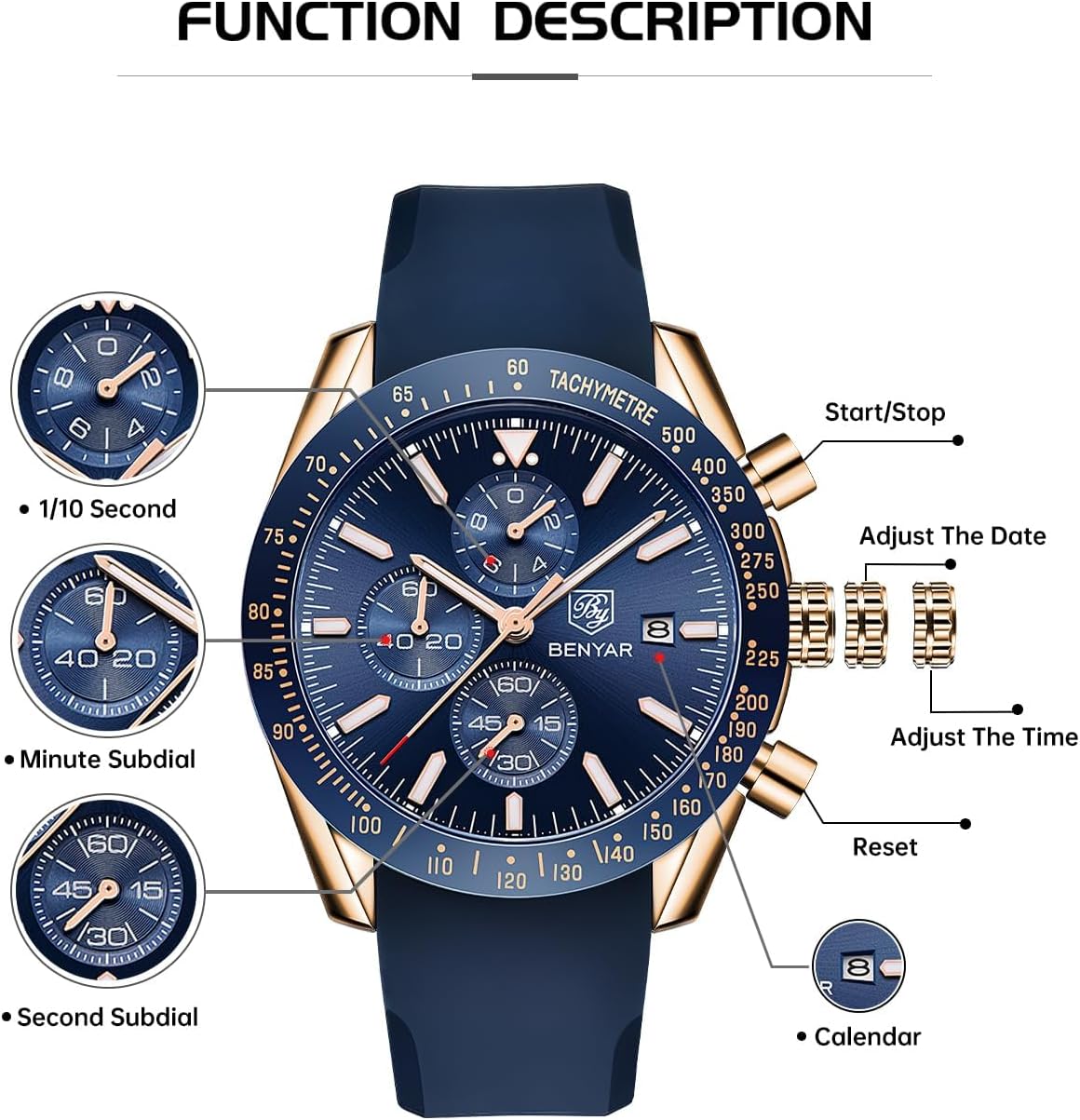 Thumbnail 6 de BENYAR Herrenuhr Analog Quarz Chronograph – 45 mm, 3 Hilfszifferblätter, Datum, Silikonband, Wasserdicht bis 3 ATM