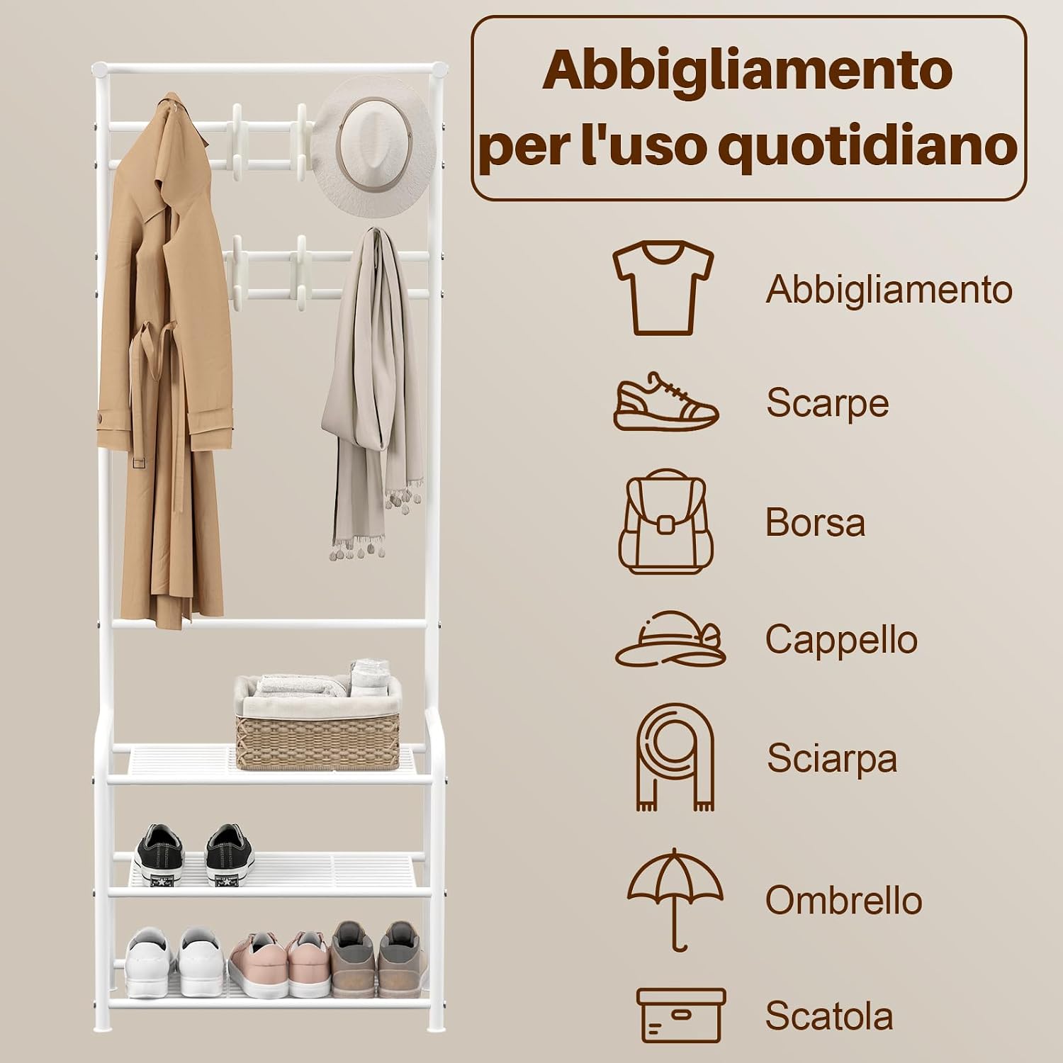 Thumbnail 5 de Innotic Appendiabiti con scarpiera e 3 livelli d’appoggio (16 ganci rimovibili) bianco