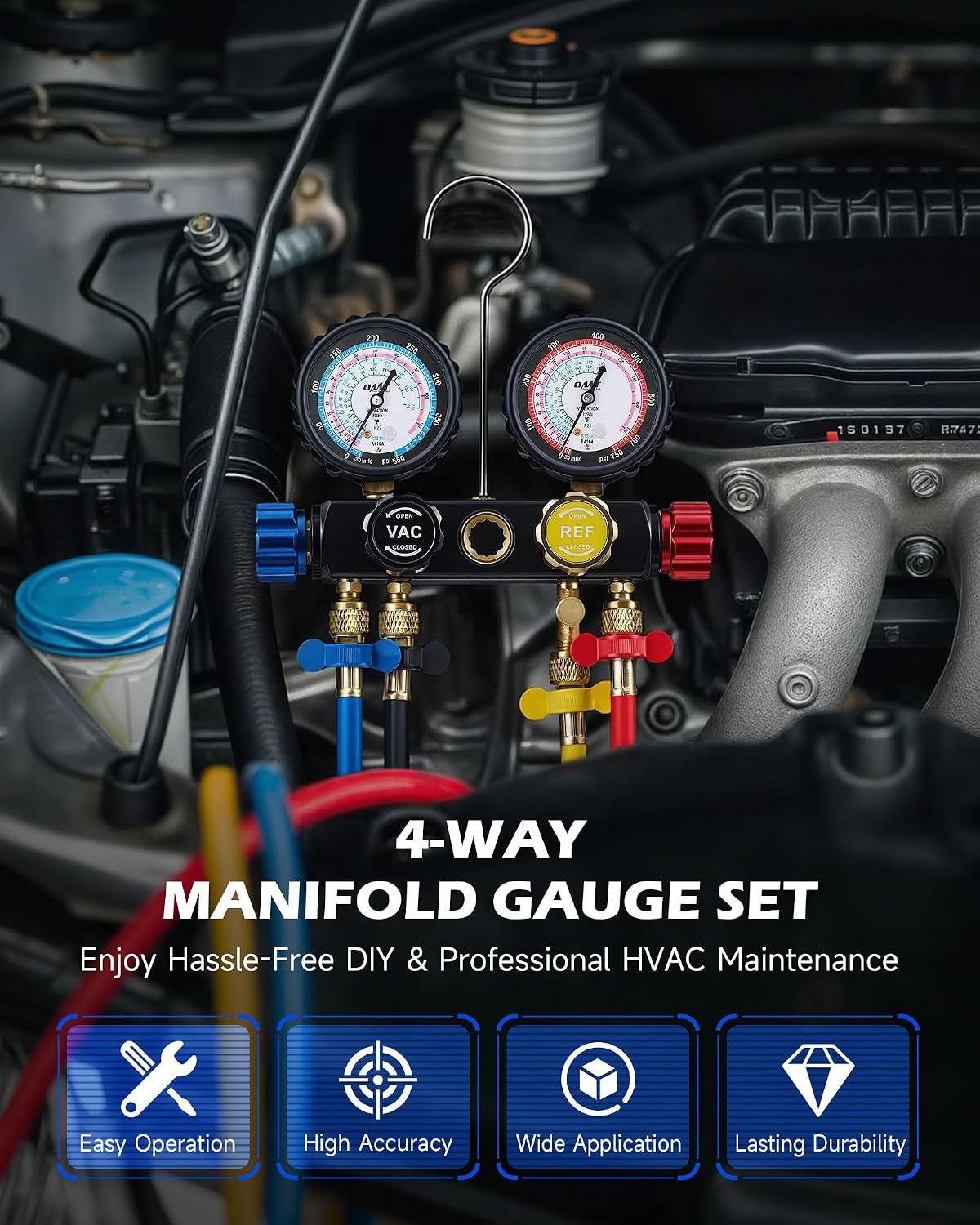 Thumbnail 1 de Orion Motor Tech 4-Way AC Gauge Set for R410a, R22 & R134a with 5 ft Hoses, Adapters & Can Tap