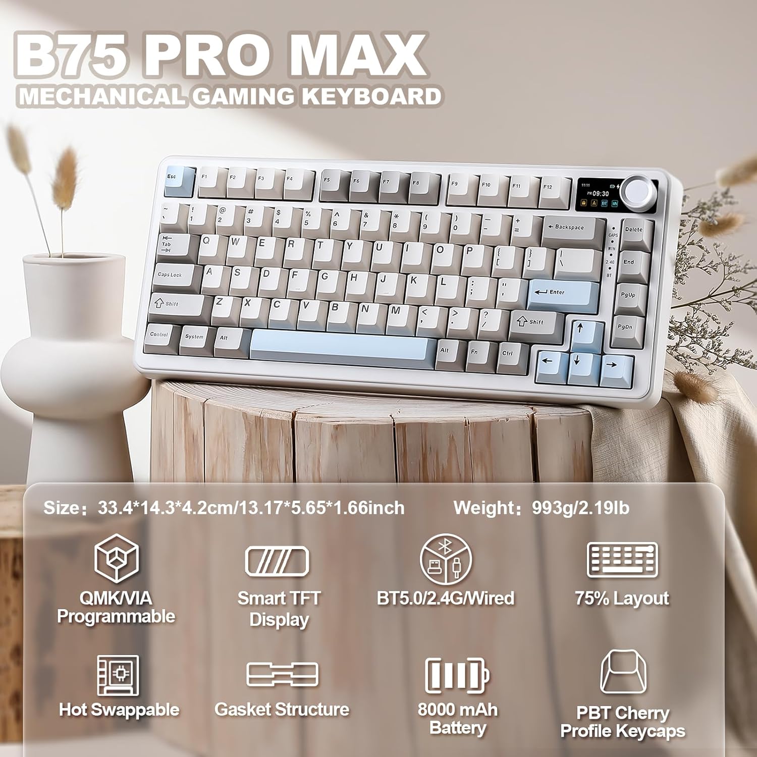 Detalle 2 de YUNZII B75 PRO MAX: 75% Mechanische Gaming-Tastatur mit Bildschirm, Drehknopf und QMK/VIA