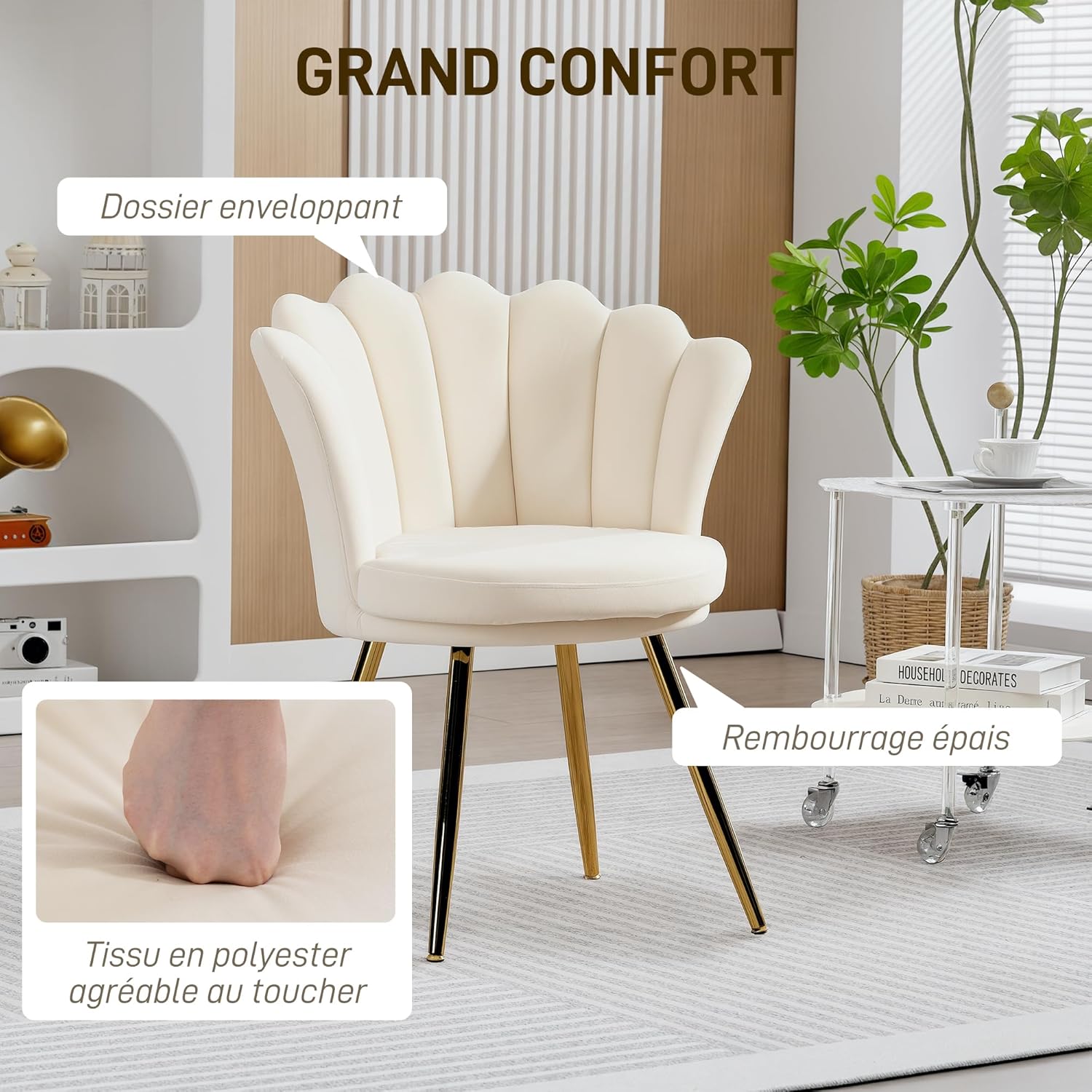 Thumbnail 5 de HOMCOM fauteuil coquillage en velours beige avec pieds en métal doré