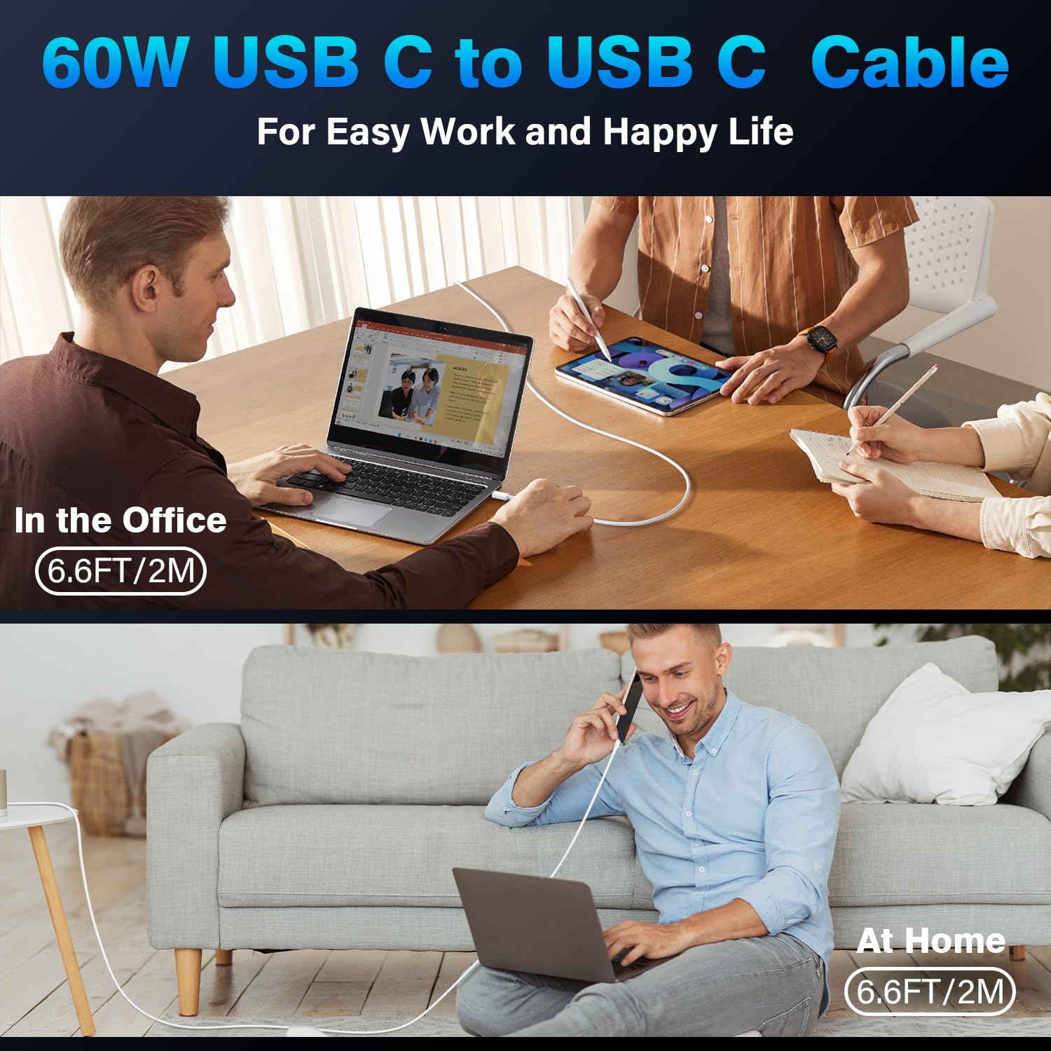 Thumbnail 6 de Fikeloy USB-C to USB-C Charger Cable (2m, 60W) – Fast Charging Type-C Lead (2 Pack)