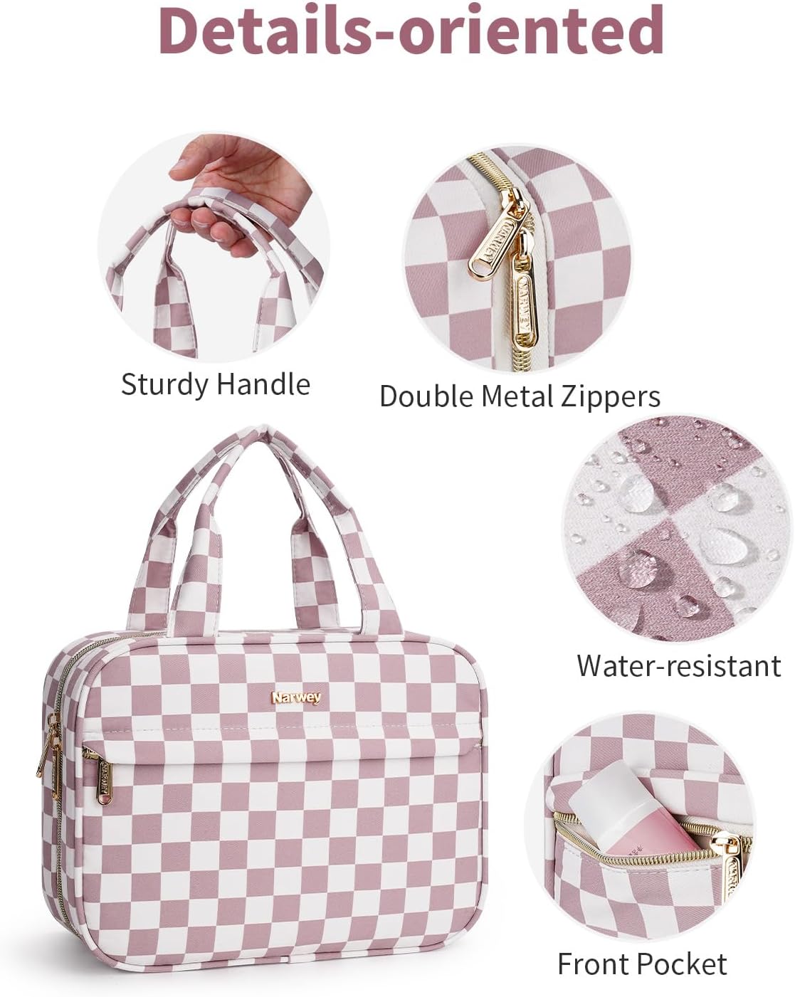 Detalle de Narwey Hanging Toiletry Bag (Dusty Pink Checkerboard-M) – Large