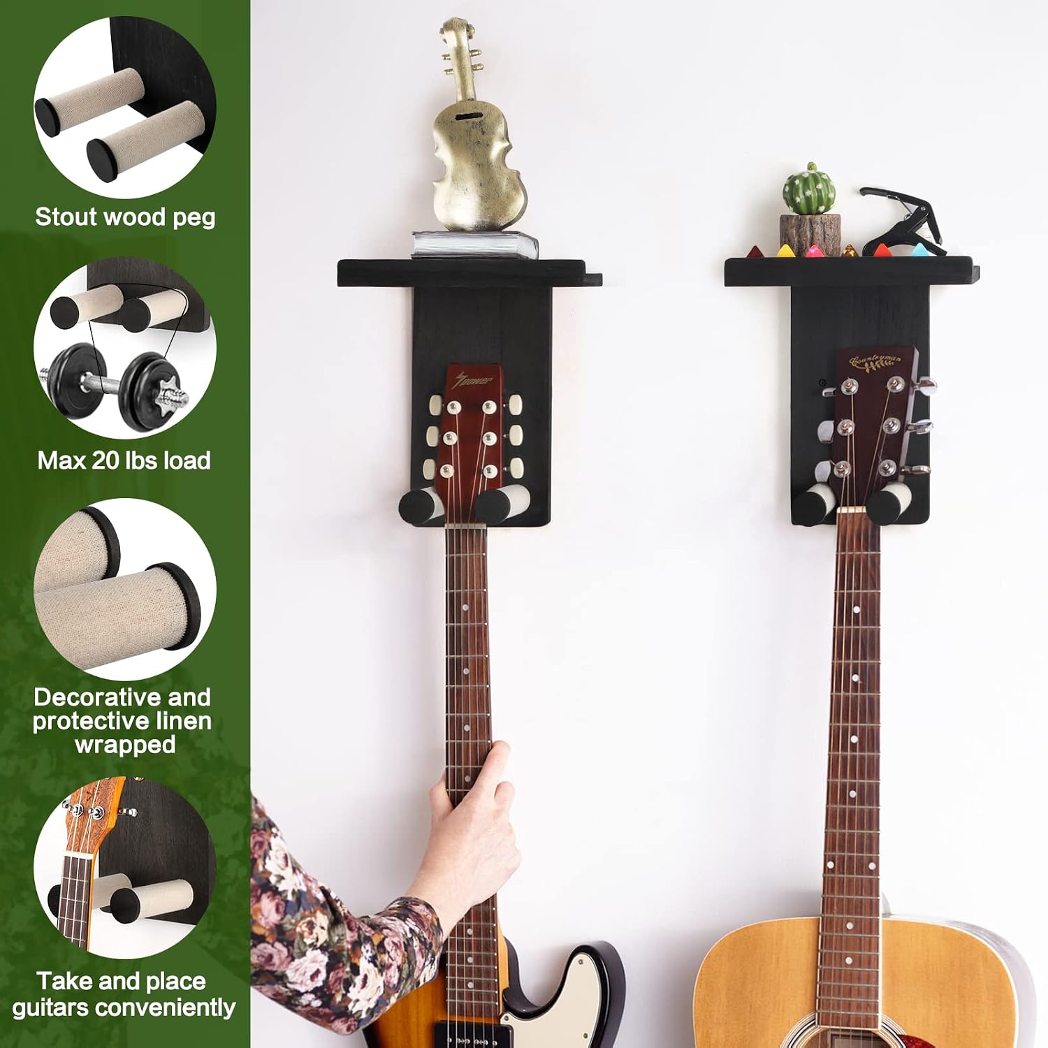 Thumbnail 2 de Keebofly 1005106 Guitar Wall Mount 3-Pack, Rustic Wood with Pick Holder
