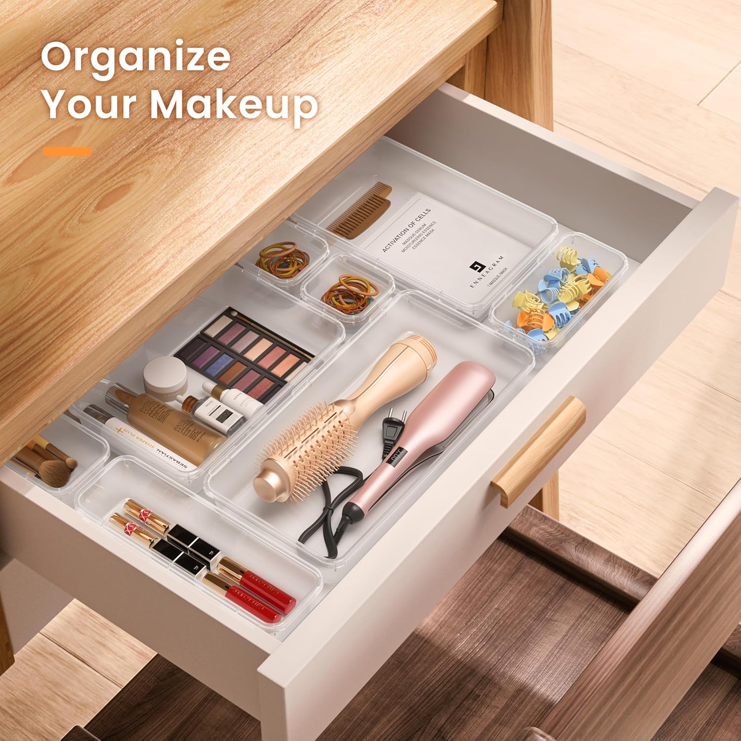 Detalle 2 de A-LuGei Military Grade Drawer Organisers – 28-Piece Clear Set (Five Sizes) for Makeup, Bathroom, Office and More