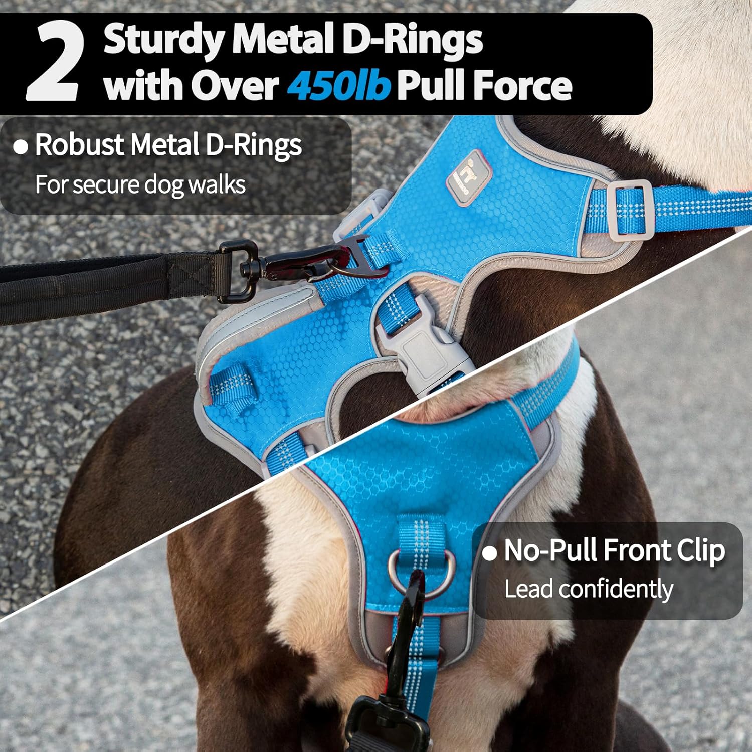 Detalle 1 de Huntboo Escape Proof Dog Harness (Medium) – anti-pull with handle, breathable mesh & reflective strips (Blue, M)
