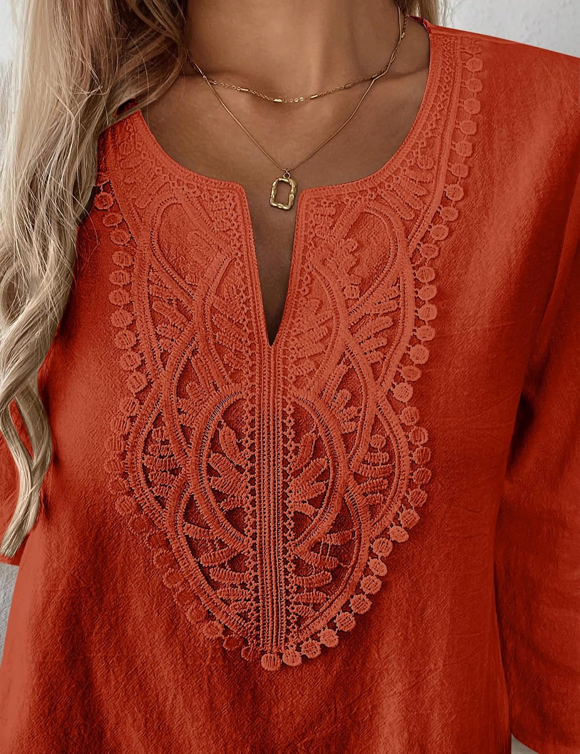 Thumbnail 4 de Lomon Women’s 3/4 Sleeve Cotton-Linen V-Neck Lace Top (Boho Loose Fit)