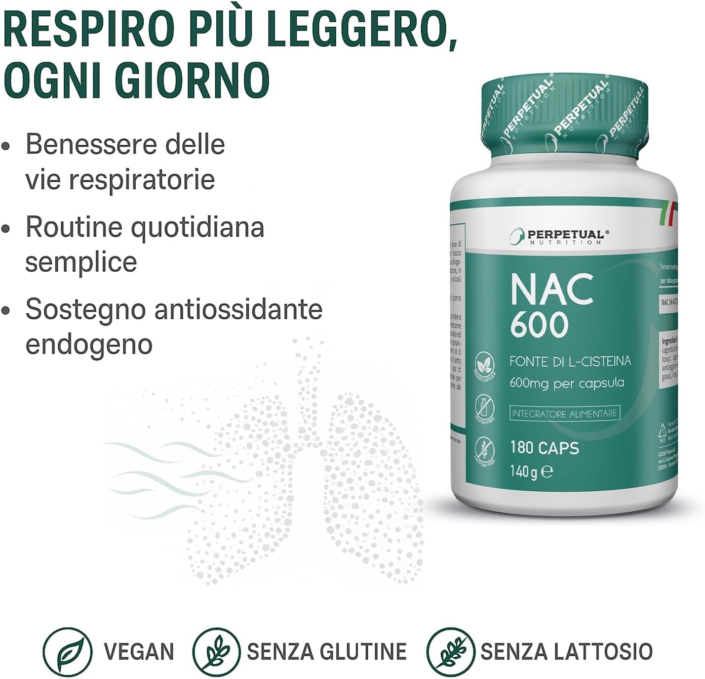 Detalle de NAC - 180 Capsule, 600 mg di N-Acetil-Cisteina: supporto mucolitico e detossificante