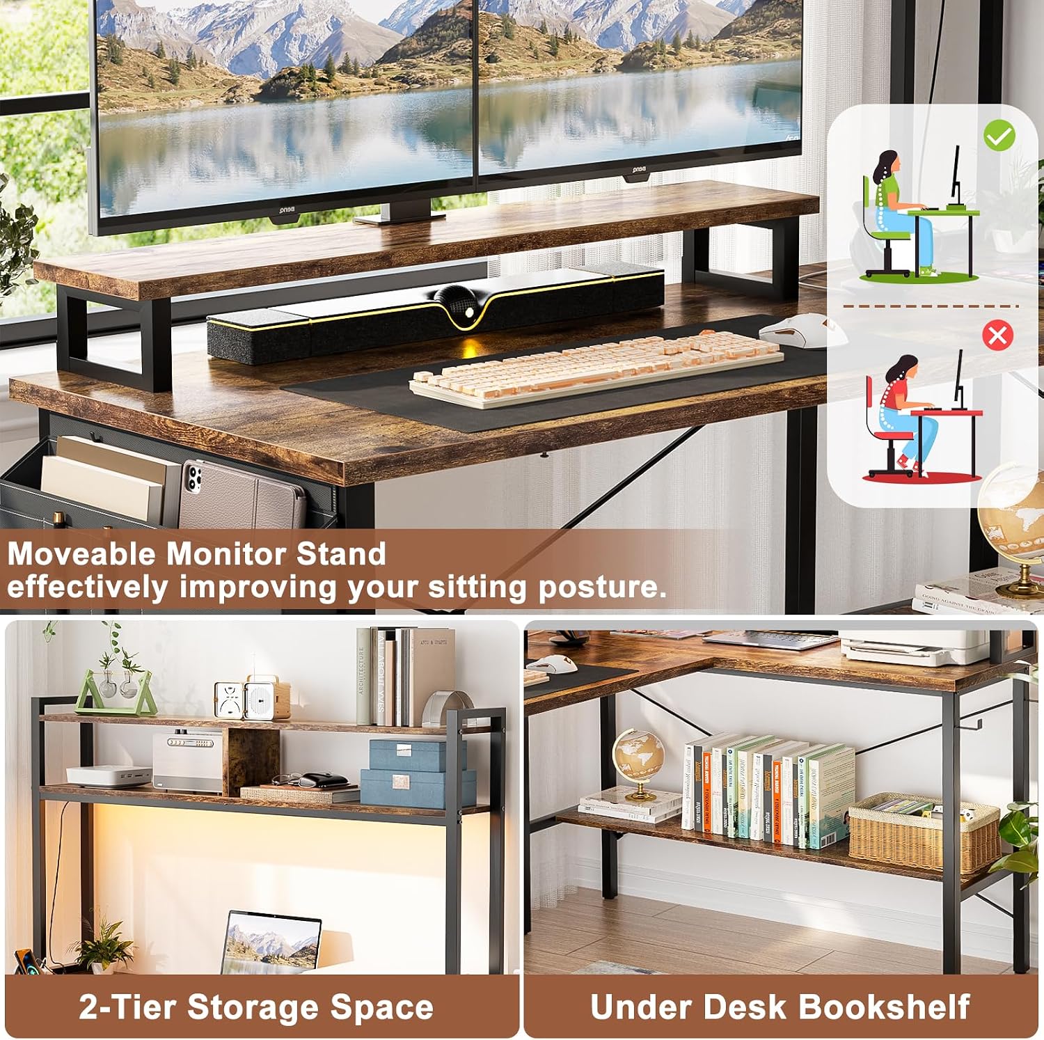 Detalle de iSunirm L-Shaped Gaming Desk with Power Outlets & LED Lights – Brown