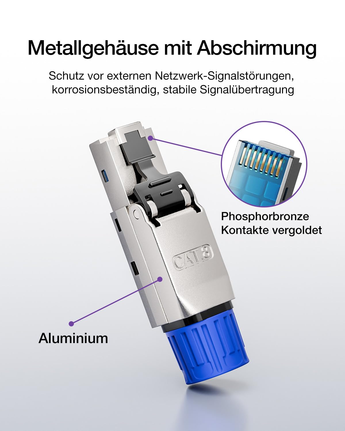 Detalle de VCELINK RJ45 Stecker Werkzeuglos – Cat8/Cat7, shielded, 4 Stück