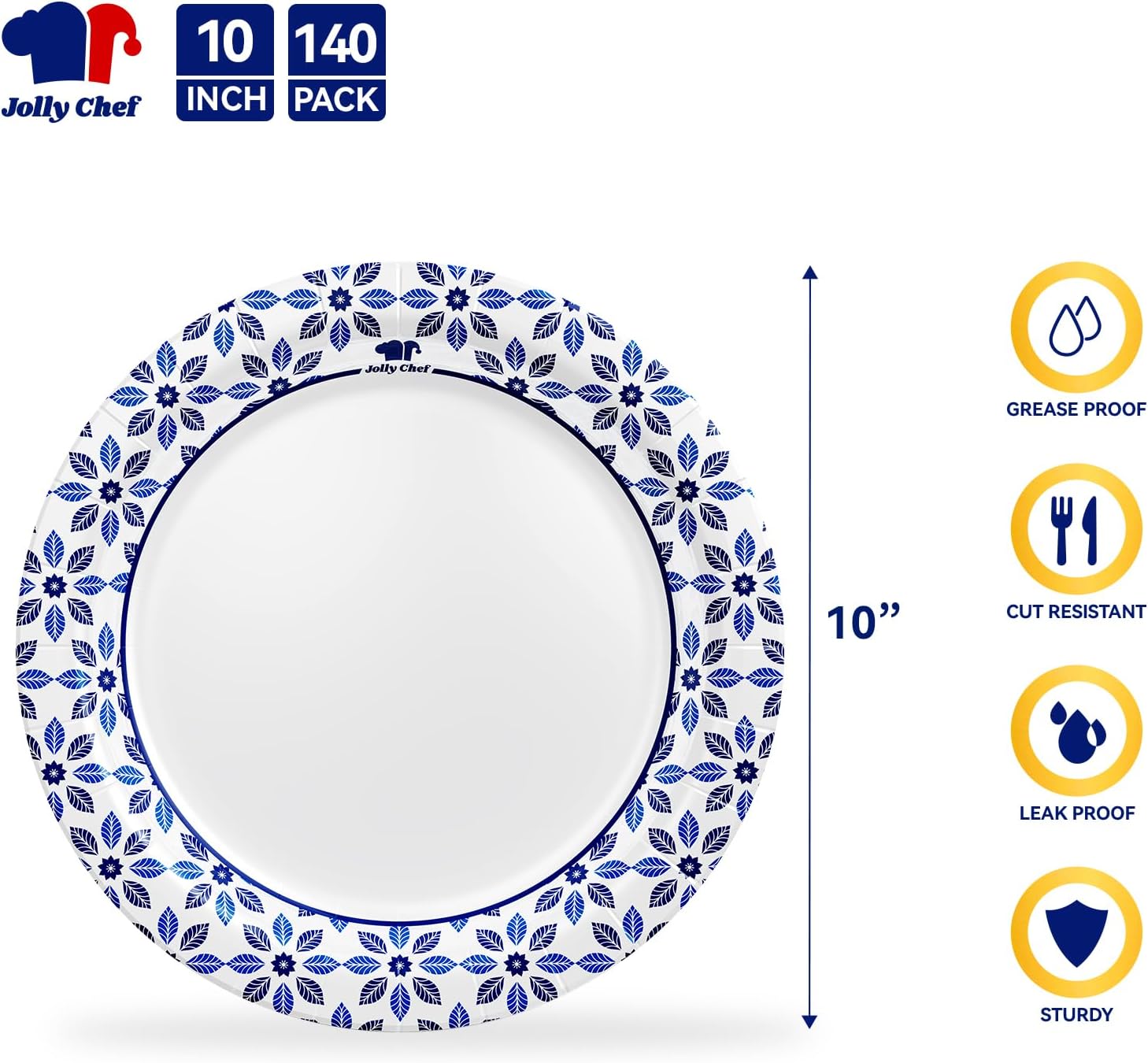 Detalle 2 de JOLLY CHEF 10-Inch Disposable Paper Plates (140 Count) – Soak Proof & Cut-Resistant
