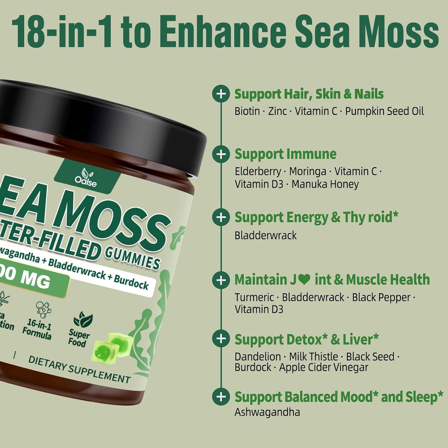 Detalle de OALSE Sea Moss Gummies, 2-Pack, Sugar-Free Apple Flavor with Bladderwrack