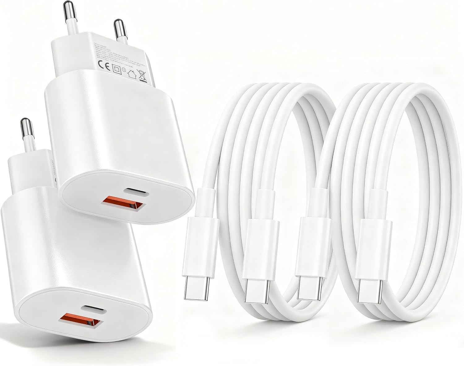 Detalle de Caricatore USB-C 25W 2 pezzi con cavi 2 m e presa murale USBC/USB-A – ricarica rapida per iPhone, Samsung e altro
