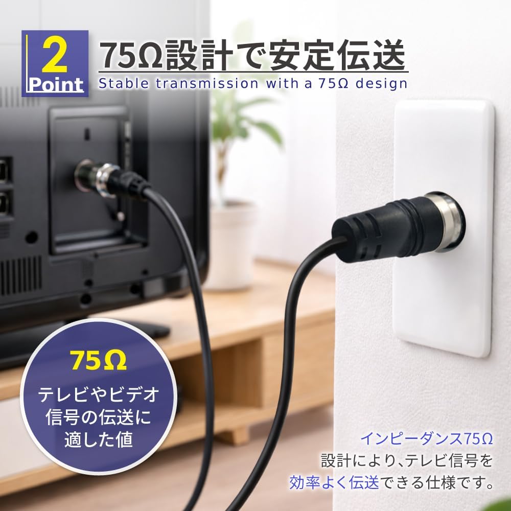 Thumbnail 2 de shizukawill ACCETVC02010BK アンテナケーブル 1.0m 75Ω・ネジ式F型 4K・8K対応