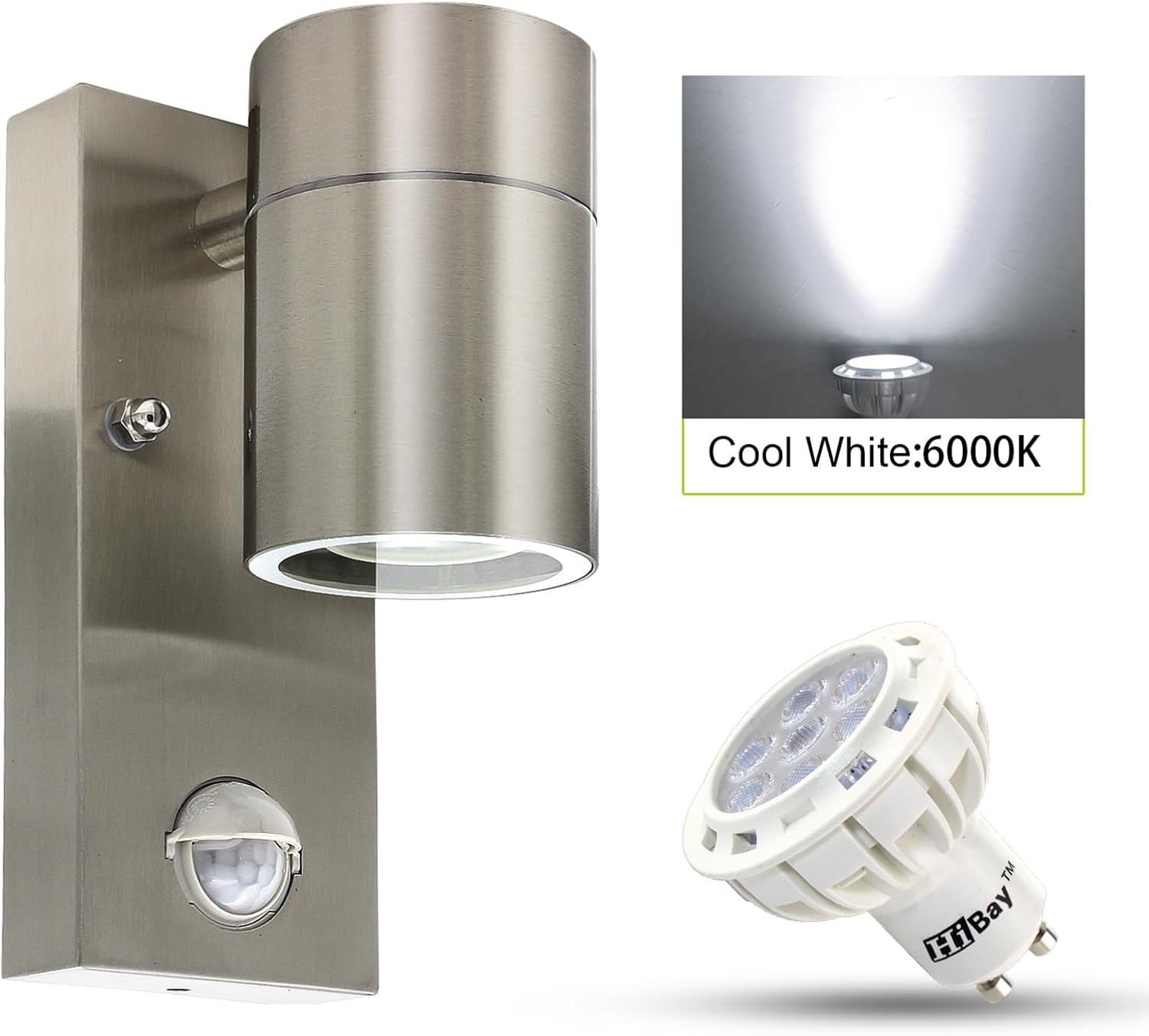 Detalle de HiBay 1x Motion Sensor Outdoor Wall Light (PIR) – IP44 stainless steel security lighting with GU10 LED