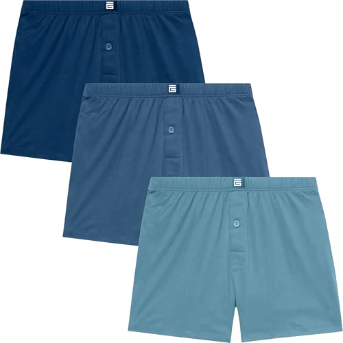 Detalle de Giovici Mens Boxers Loose Fit – 3 Pack, Blue (L) in 100% Soft Jersey Cotton with Button Fly