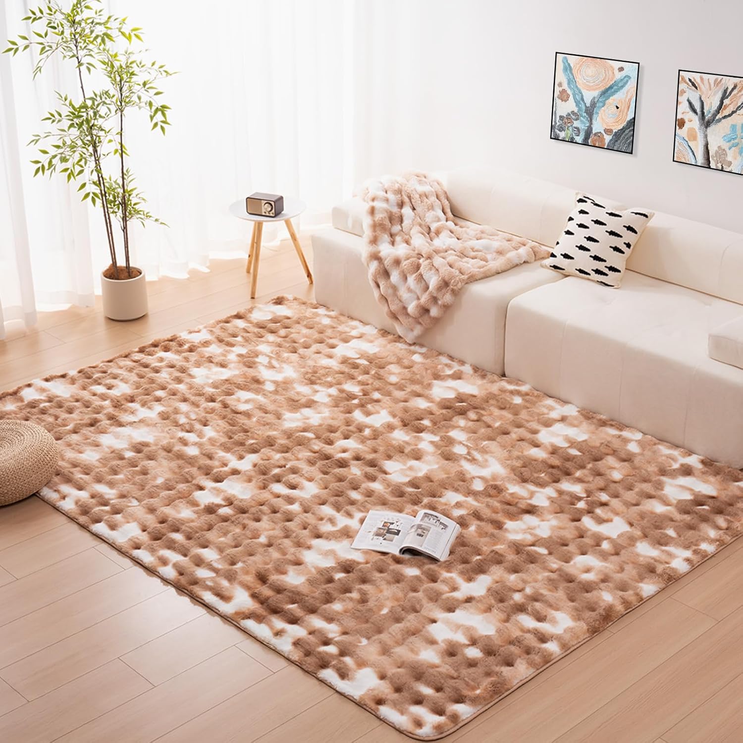 Thumbnail 1 de Tapis salon Vamcheer Tapis Chambre Doux marron 200x290 à poil long tie-dye bubble antidérapant