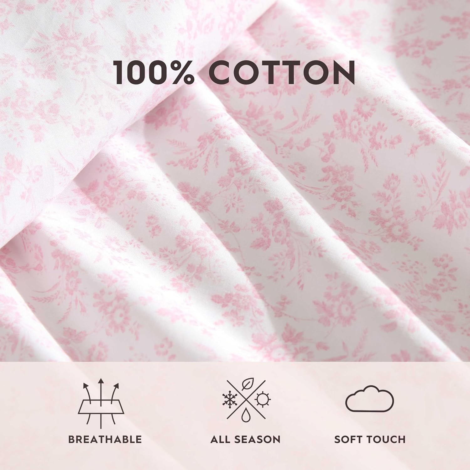 Detalle de Laura Ashley Twin XL Sheet Set - Crisp 100% Cotton Percale with Deep Pockets (Floral Toile Pink)