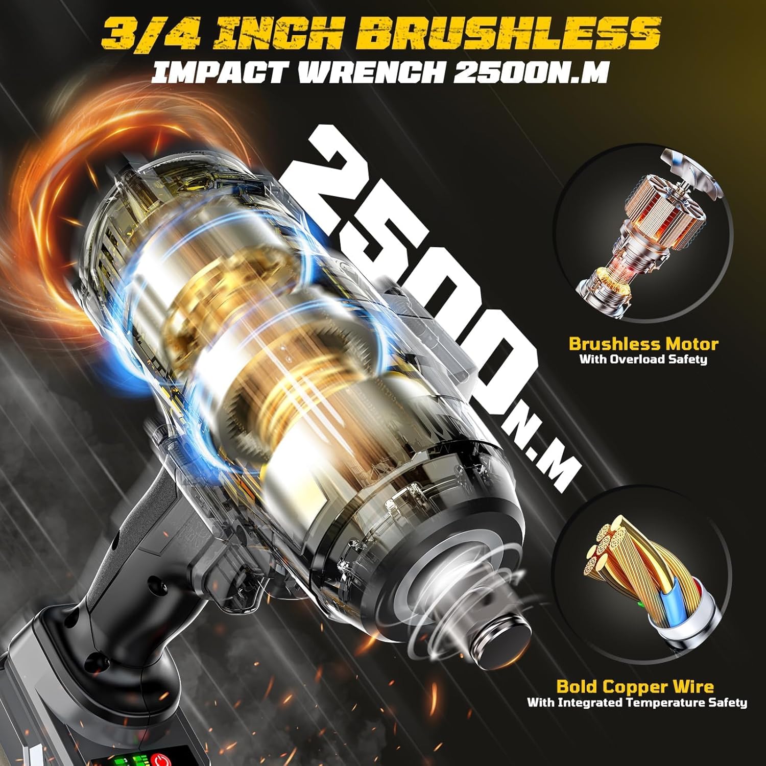 Thumbnail 4 de Cerycose Cordless Impact Wrench 3/4-inch (DeWalt 20V compatible) 2500 N.m / 1850 ft-lbs Brushless, Bare Tool Only