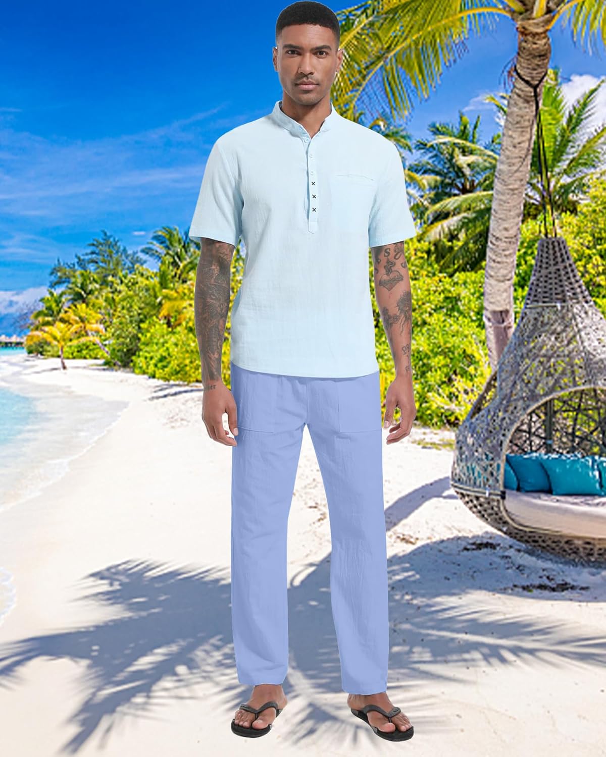 Detalle 2 de LVCBL Leinenhose Herren Sommer Herbst – Lose, bequem mit elastischem Bund