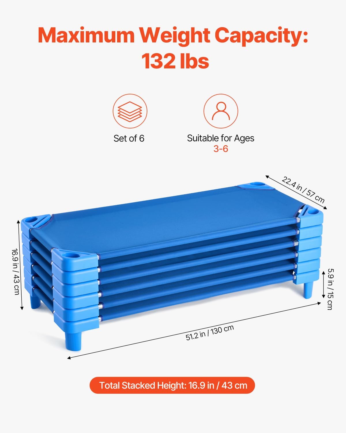 Detalle de VEVOR QL130-6 Stackable Kids Cots, 6-Pack, Blue, 52" x 23