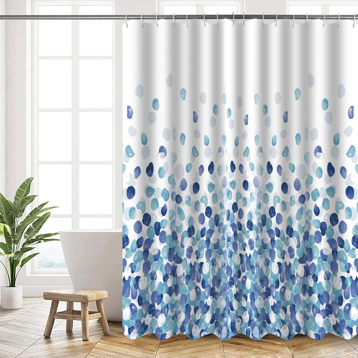 Detalle de Rideau de douche HANFU en polyester 180x200 cm à motif bulles bleu, lavable en machine avec 12 crochets