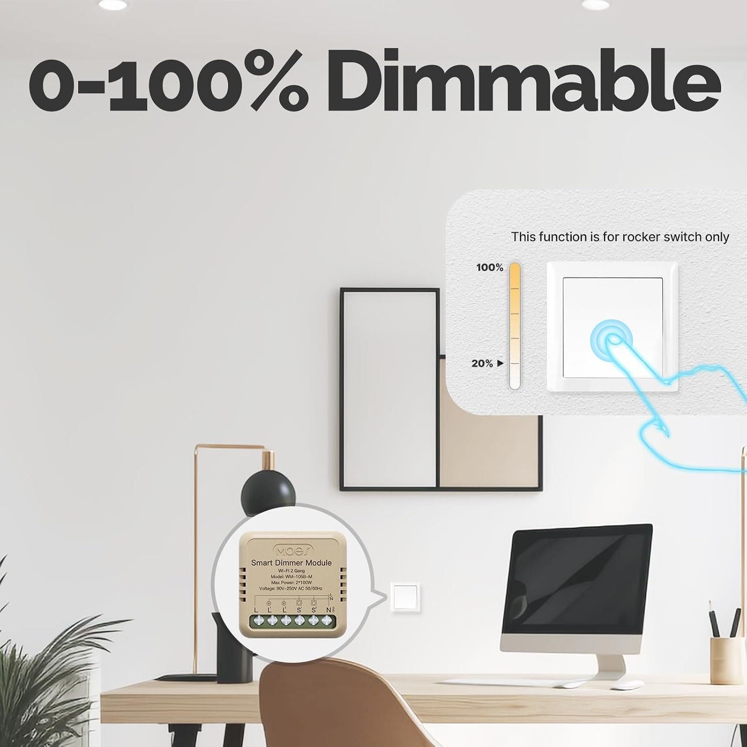 Detalle de MOES Smart WiFi LED Dimmer Switch Module, Mini (2 Gang) – Compact Smart Lighting for UK Homes
