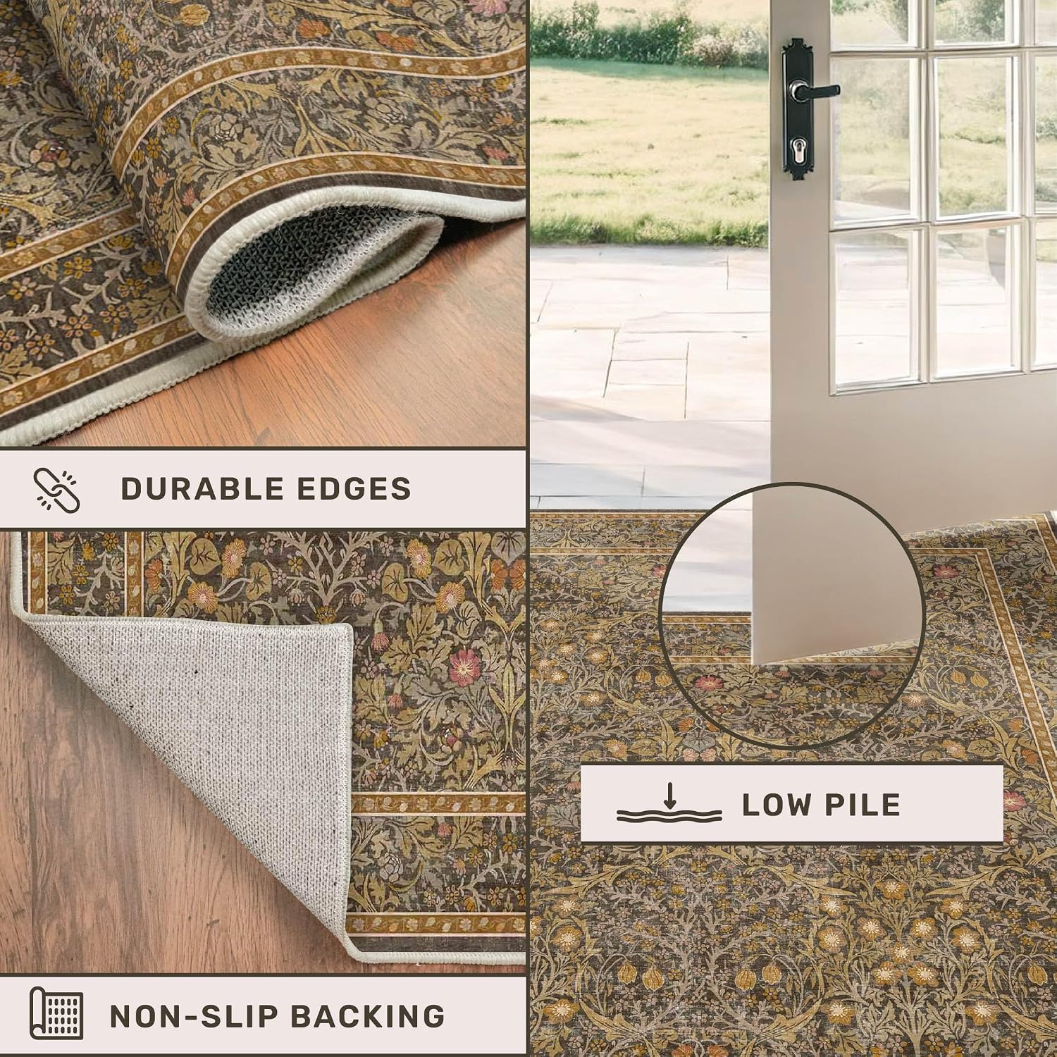 Detalle de Brown Washable Entry Rug - Front Door Throw Rug (2x3) with Non-Slip Backing, Vintage Floral Boho Kitchen & Bathroom Mat
