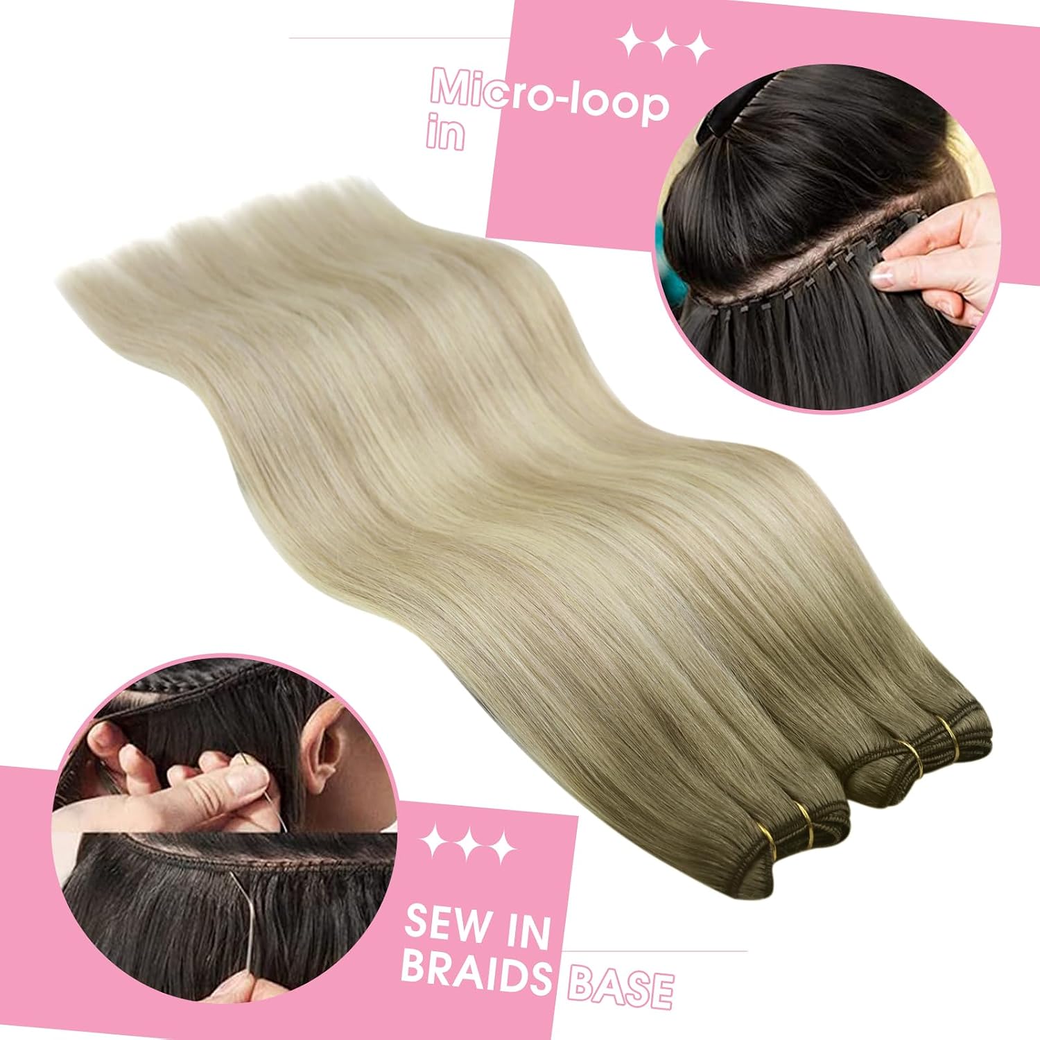 Detalle 2 de YoungSee Tressen Echthaar Blond 45 cm – Echthaar-Tressen zum Einnähen, Aschblond Ombre