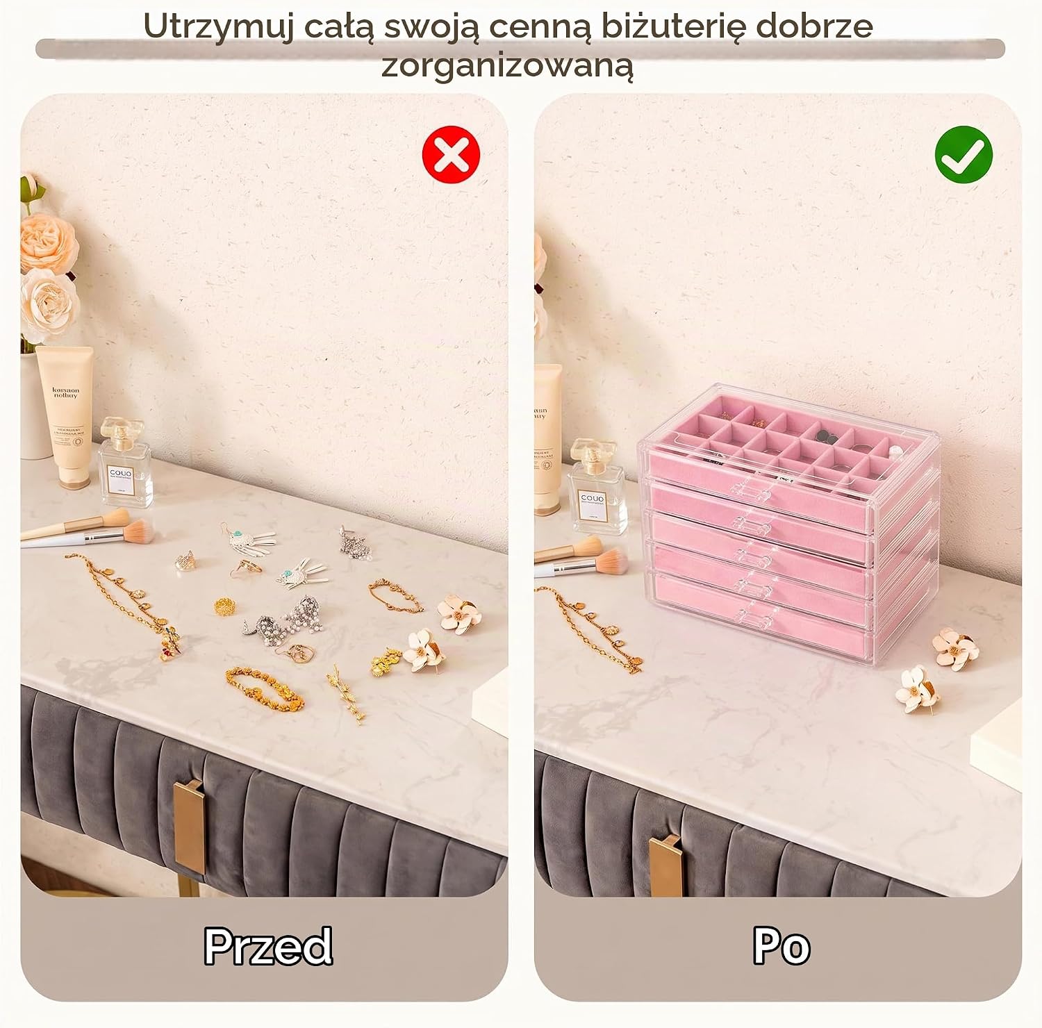 Thumbnail 6 de Frebeauty akrylowy organizer na biżuterię, 5 szuflad, różowy, aksamitne wkłady