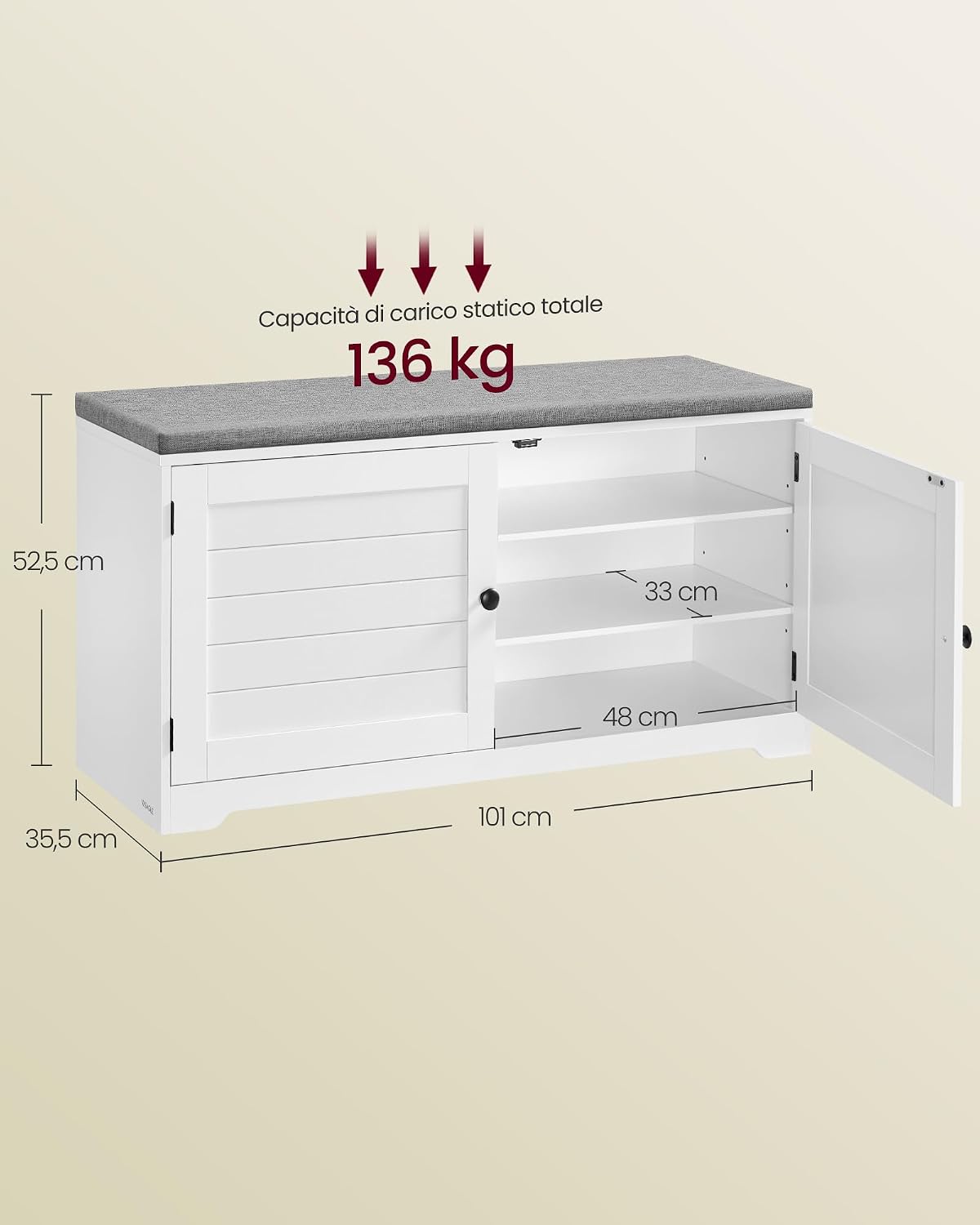 Detalle de VASAGLE LSB044W01 Panca scarpiera con 3 livelli, ante e cuscino rimovibile (35,5 × 101 × 52,5 cm) bianco nuvola/grigio tortora