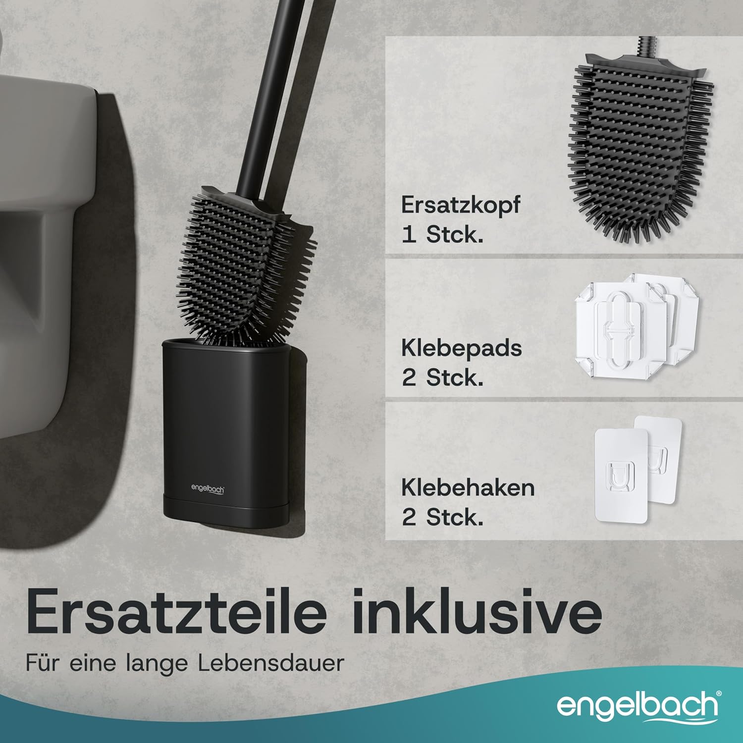 Thumbnail 5 de Engelbach Klobürste Silikon mit Edelstahl Griff & Halter – Wandmontage ohne Bohren, antibakteriell