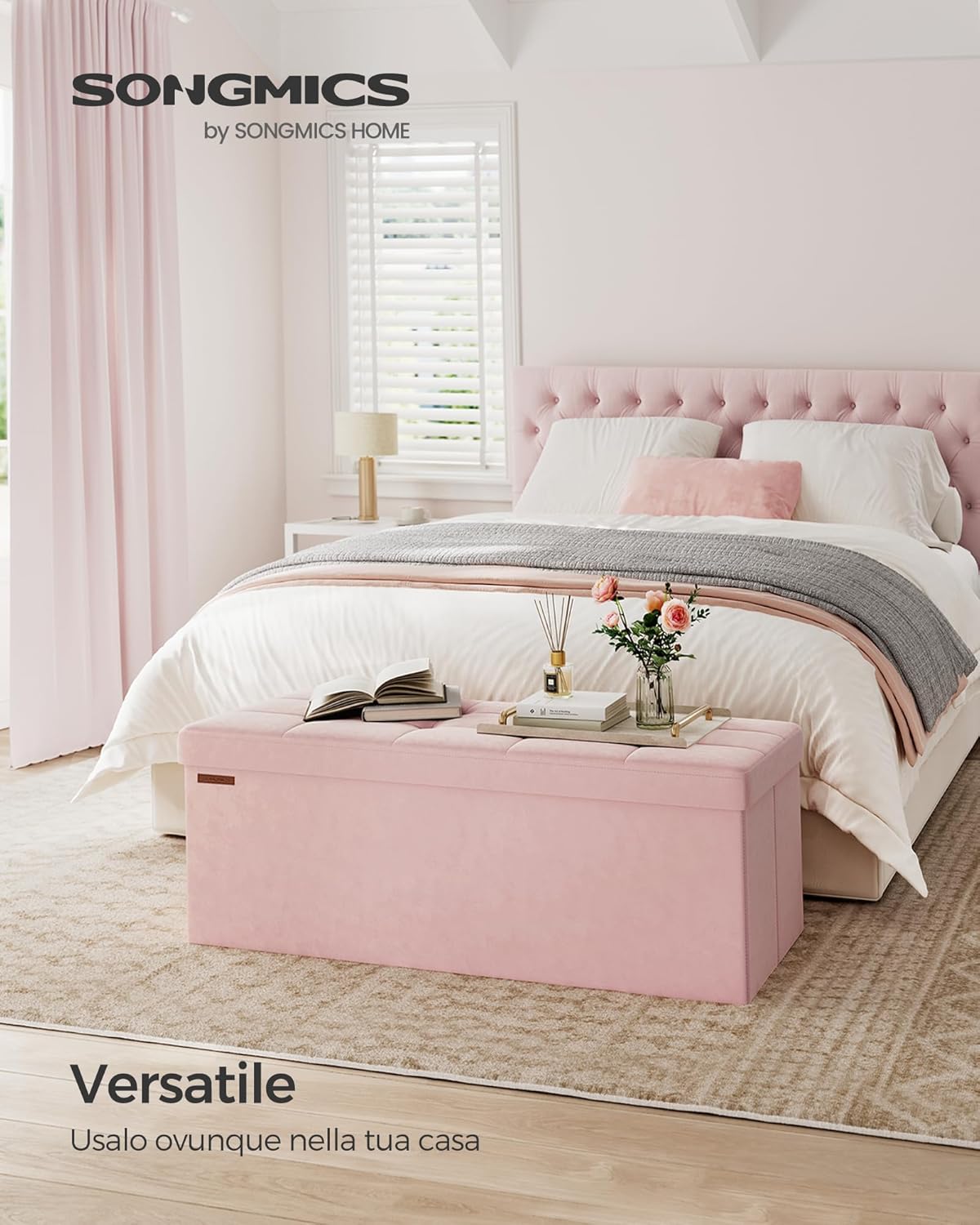 Thumbnail 3 de SONGMICS LSF277R01 Cassapanca Pouf contenitore pieghevole rosa pastello 38 x 110 x 38 cm