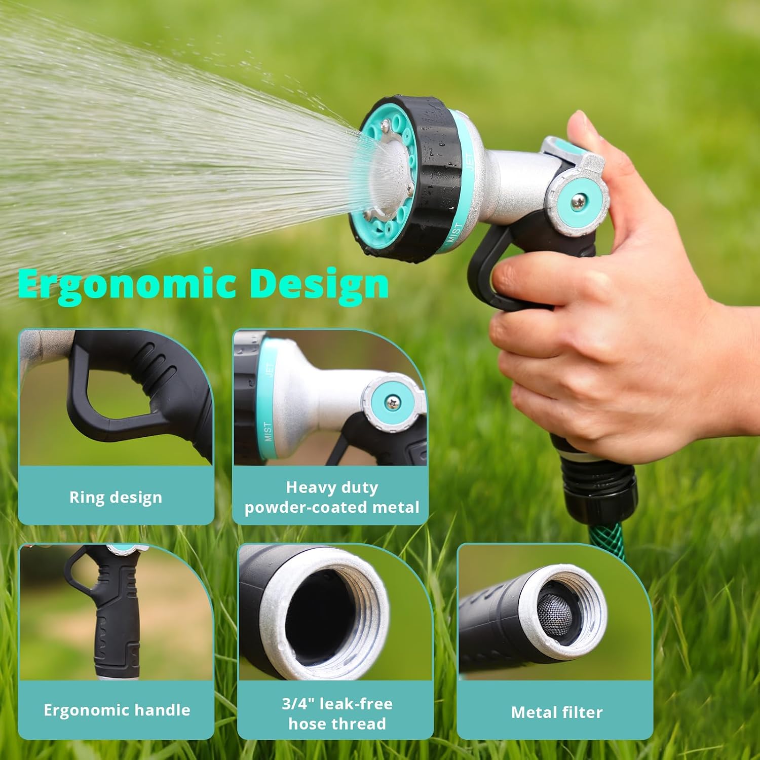 Detalle 1 de QUOBAS HN11 Garden Hose Nozzle, 6 Spray Patterns, Thumb Control