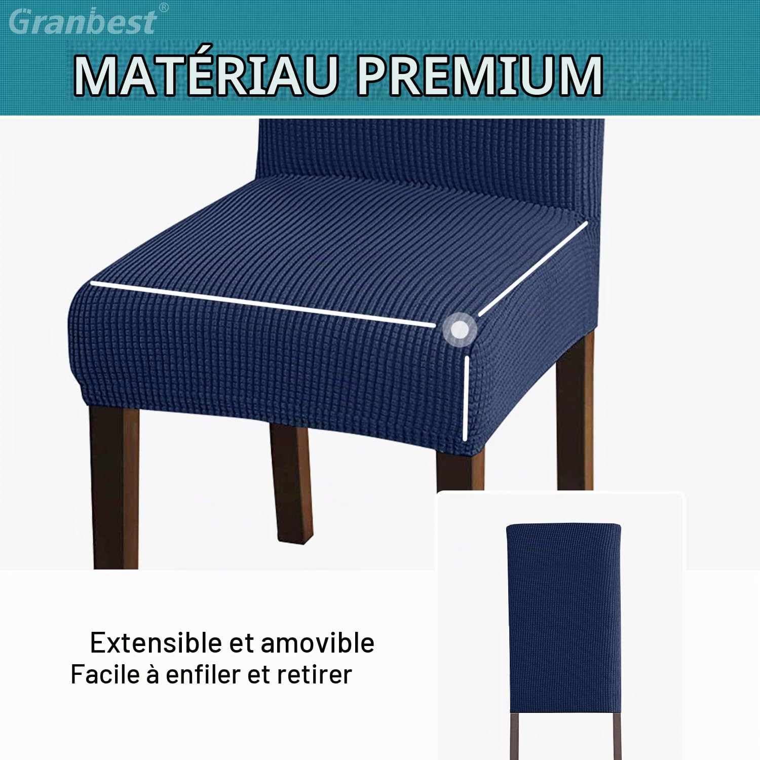 Detalle de Granbest stoelhoezen, set van 4, elastisch en afneembaar, marineblauw