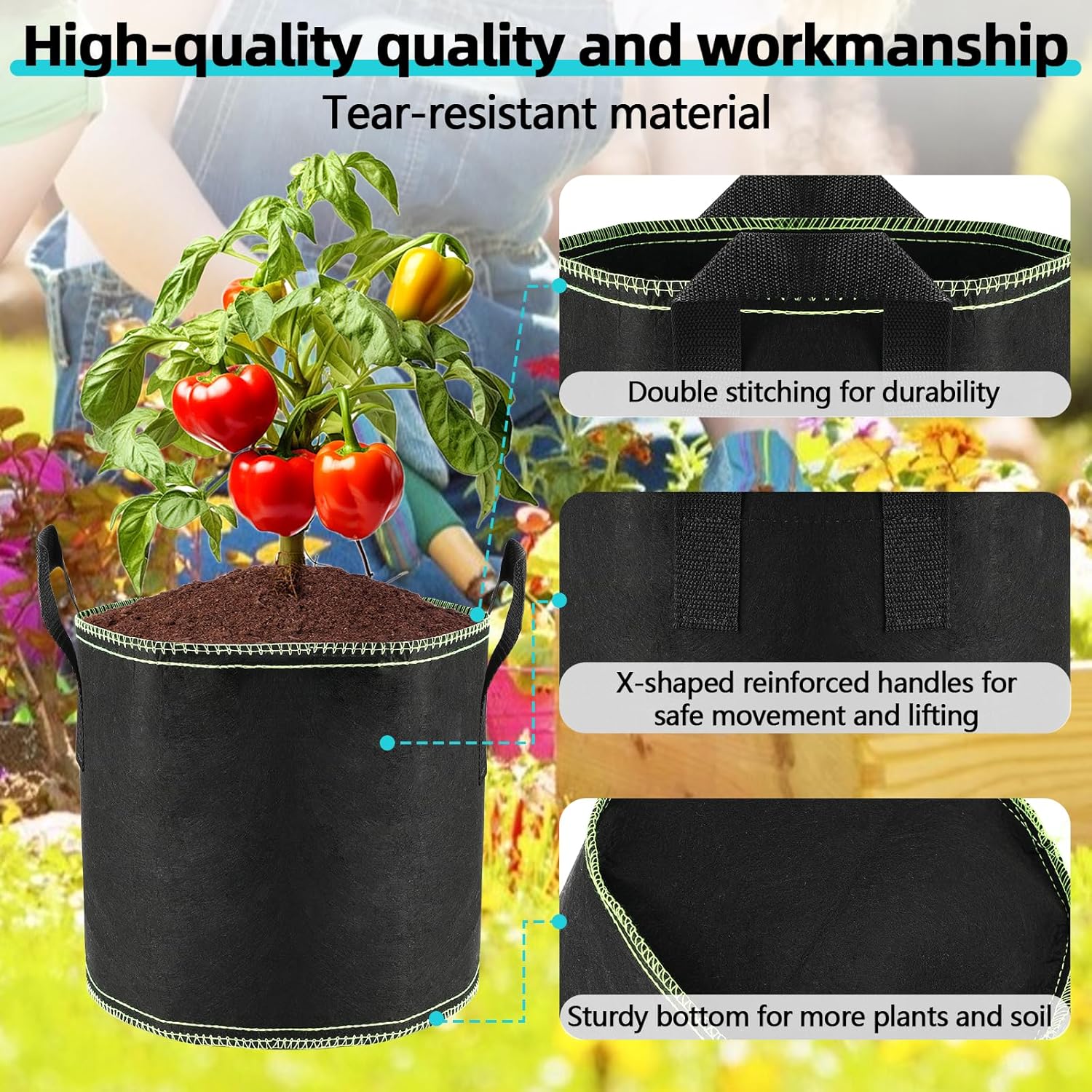 Thumbnail 4 de Zikenis set da 5 vasi in tessuto da 12 L per pomodori e coltivazione, con borsa riutilizzabile e manici