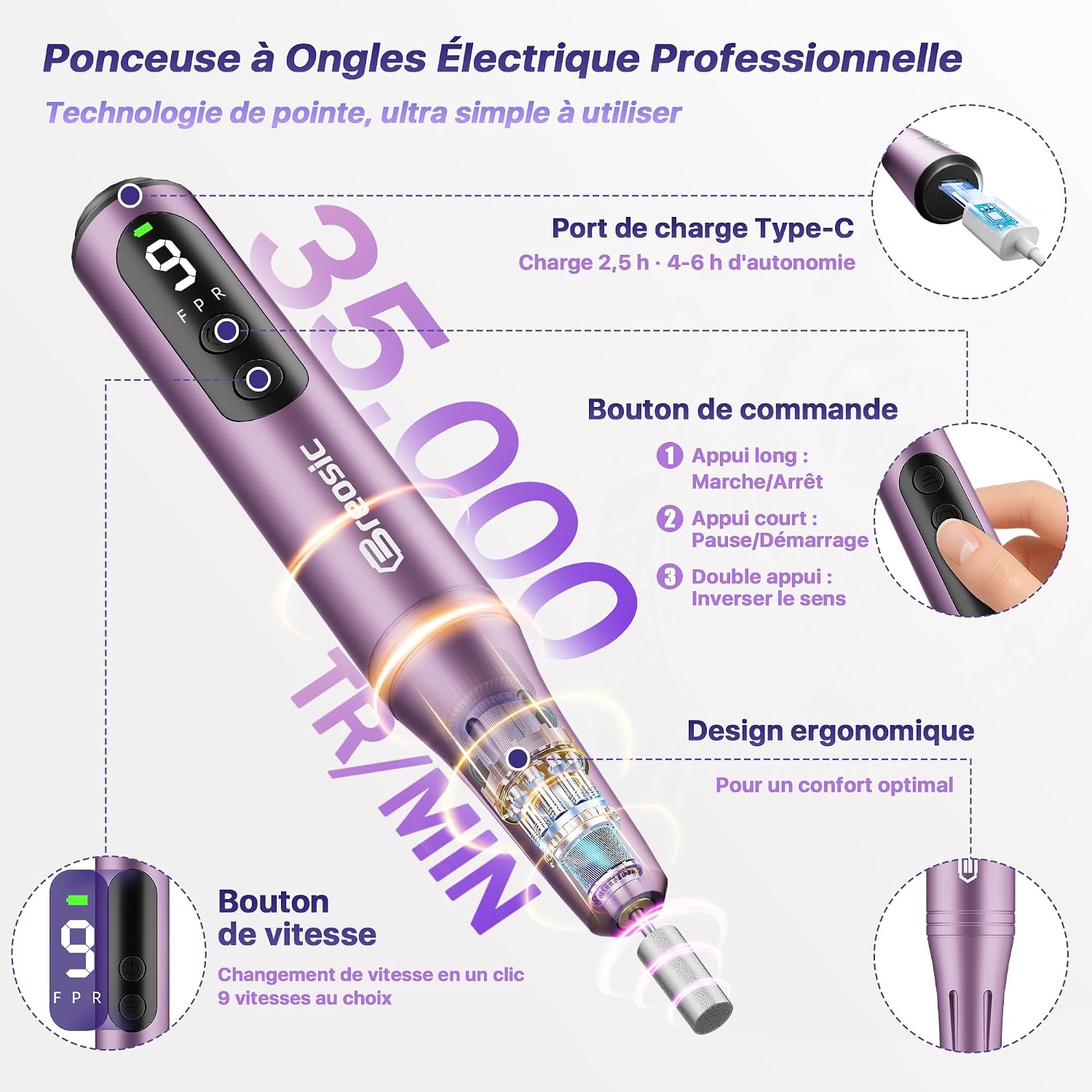 Detalle de Breosic Ponceuse pour Ongles Professionnel – Lime à Ongle Électrique Violet