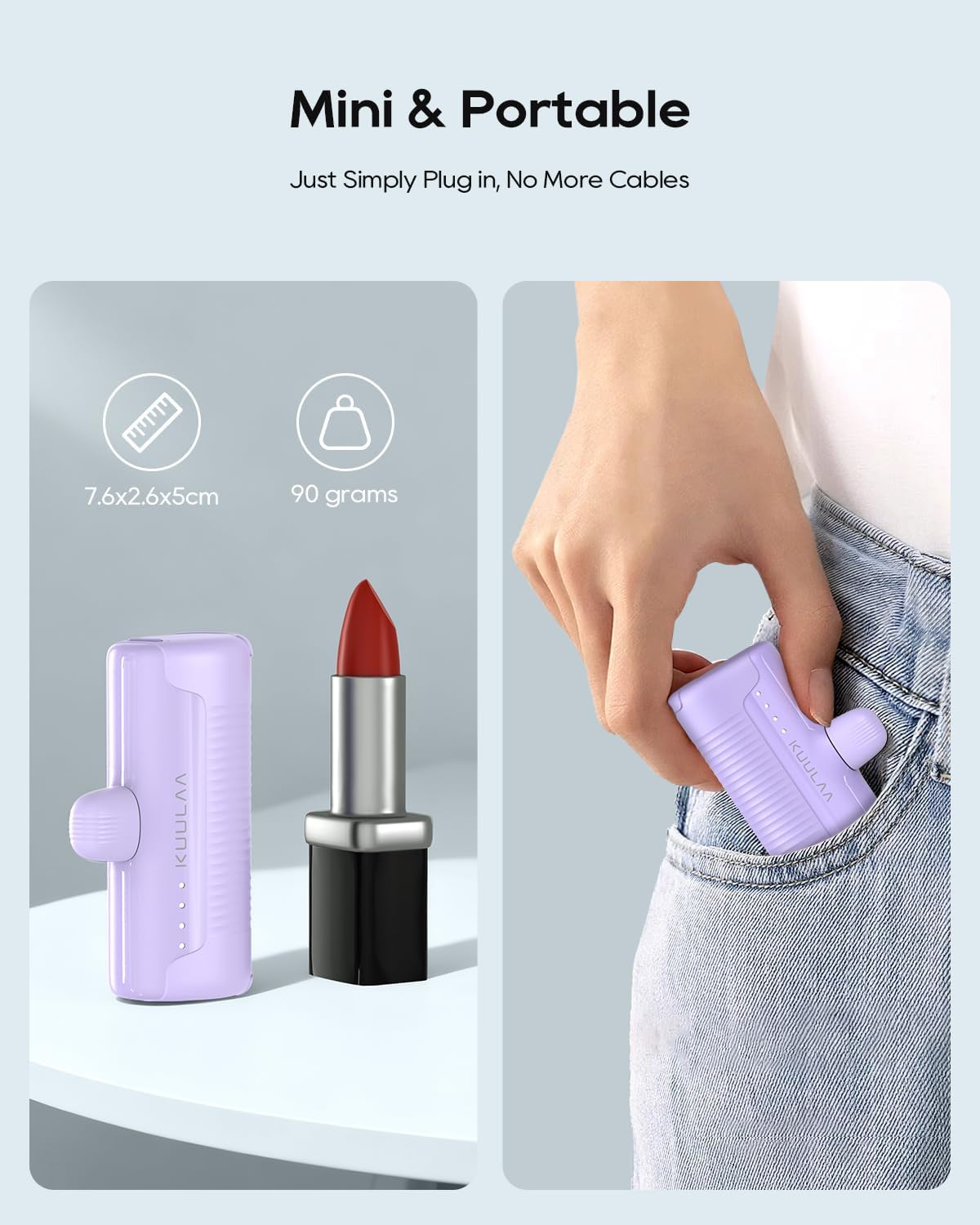 Thumbnail 1 de Kuulaa Mini Power Bank (4500mAh) with built-in iOS plug for iPhone—lipstick-sized portable charger