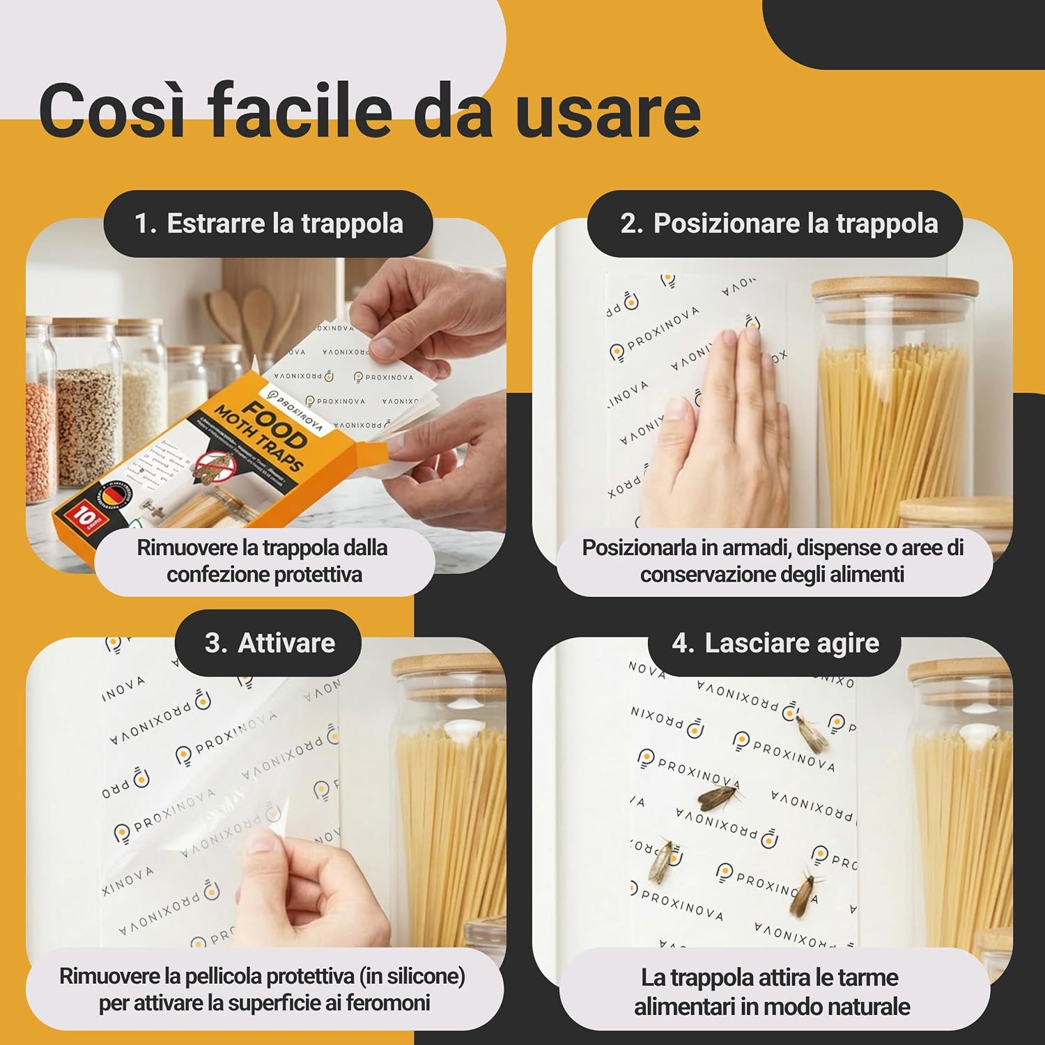Thumbnail 4 de Proxinova Antitarme Alimentari con 12 Trappole Adesive: feromoni naturali per farfalline, Made in Germany