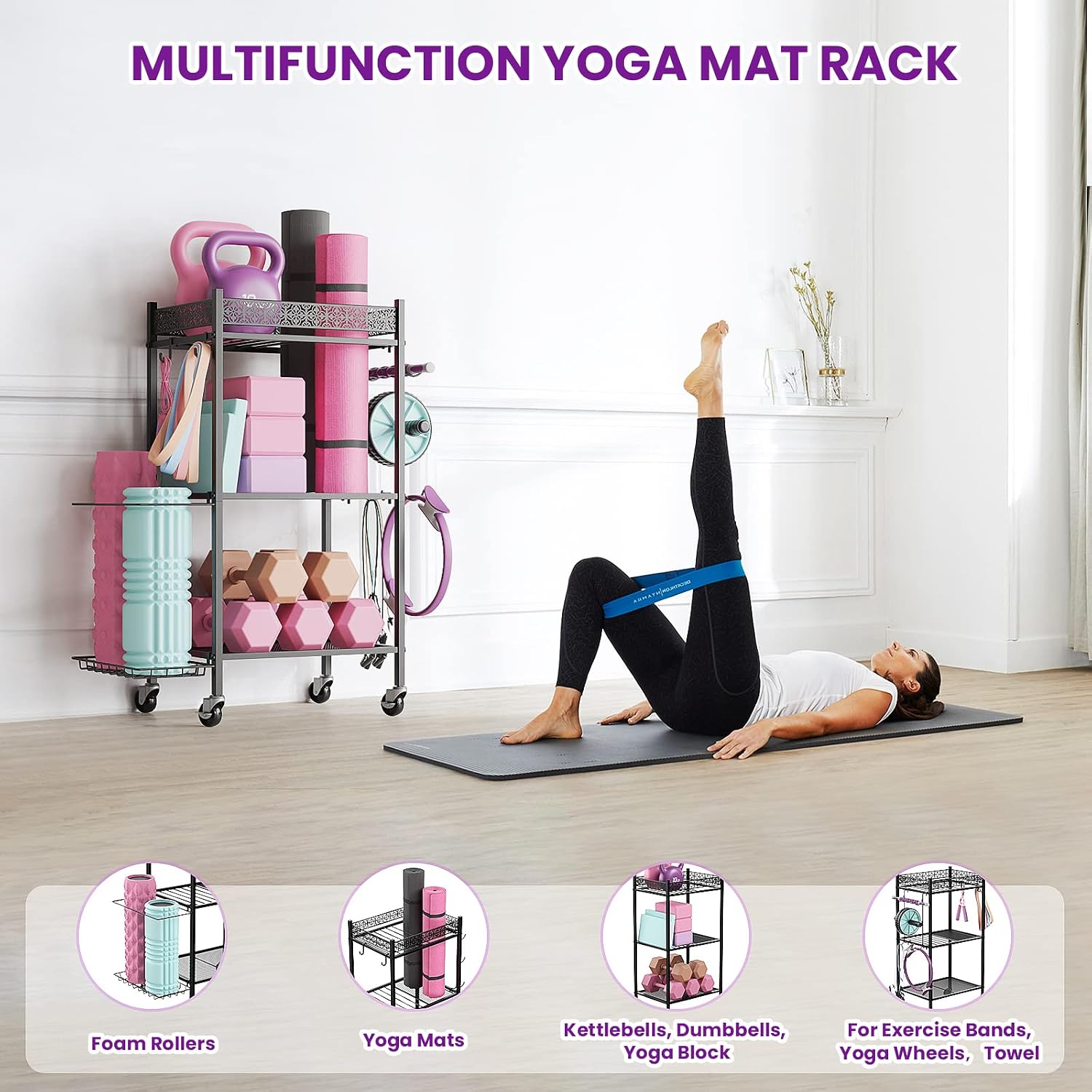 Thumbnail 6 de VOPEAK Yoga Mat Storage Rack, 3-Tier Metal Organizer with Locking Wheels