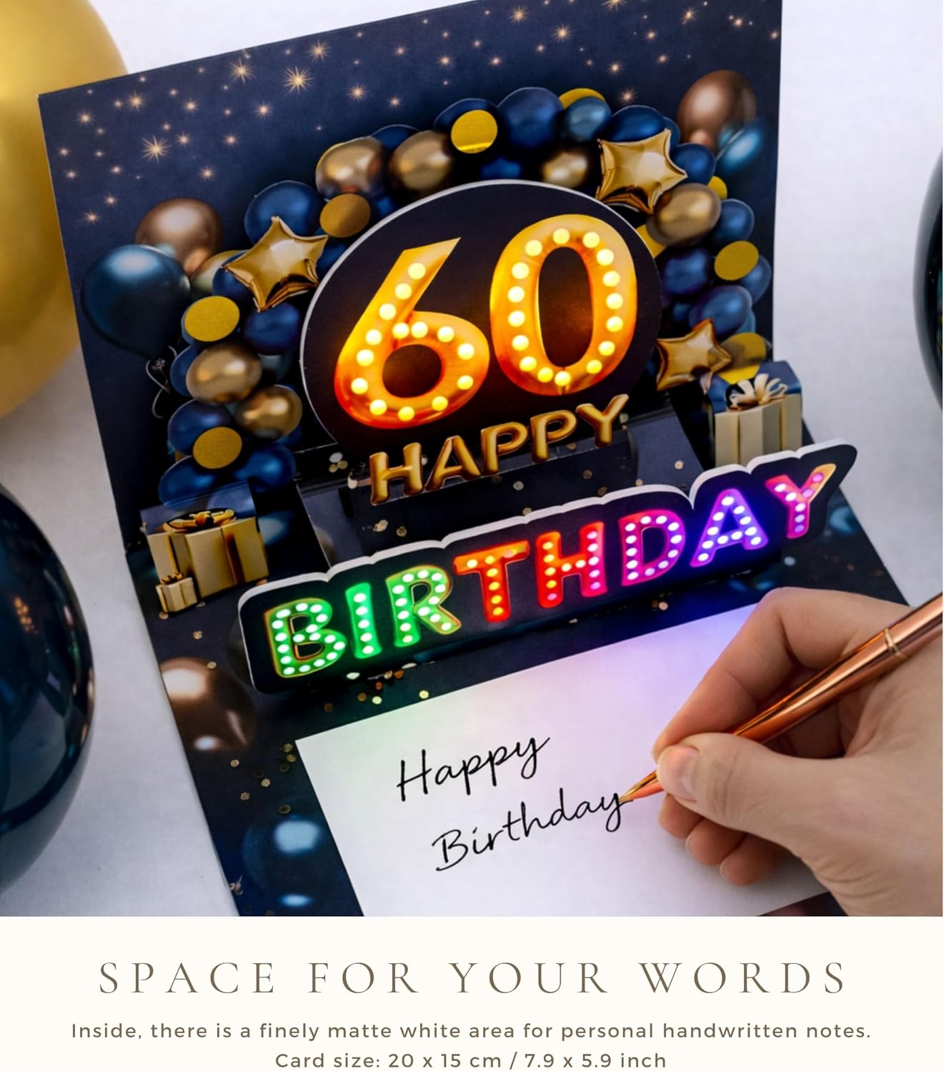 Detalle de Joli Coon Biglietto auguri 60 anni uomo – Biglietto 3D pop up con musica e luce, con busta e sigillo