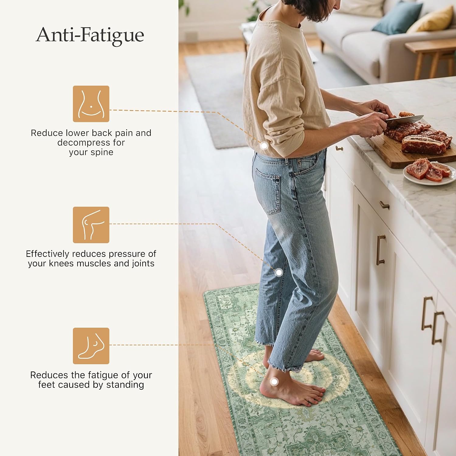 Detalle de GENIMO Anti Fatigue Kitchen Mats for Floor 2PCS — Cushioned 17.3" x 59" & 17.3" x 30", Light Green Vintage Boho Set
