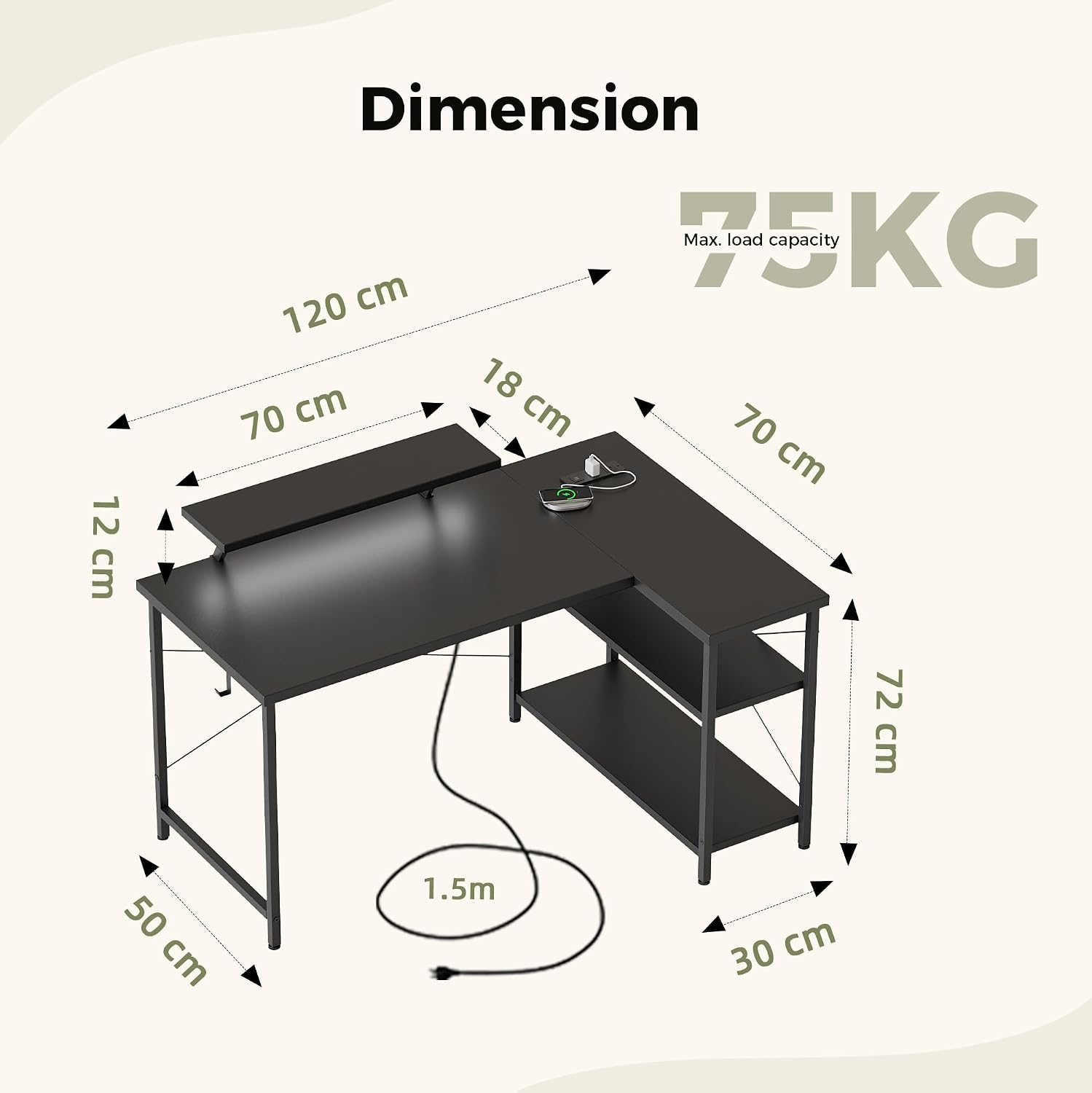 Thumbnail 1 de Mericonia Small L-Shaped Desk with LED (120x70cm) and Monitor Stand, Black