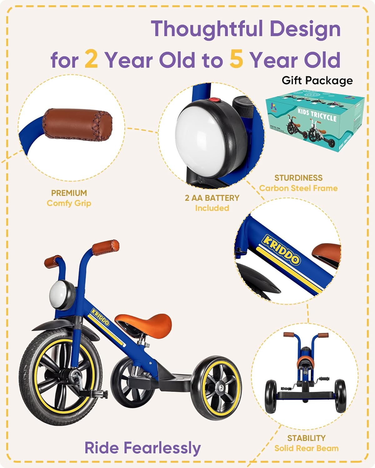 Thumbnail 3 de KRIDDO Kids 12 Inch Tricycle with Puncture-Free Wheels, Front Light & Adjustable Seat (Blue)